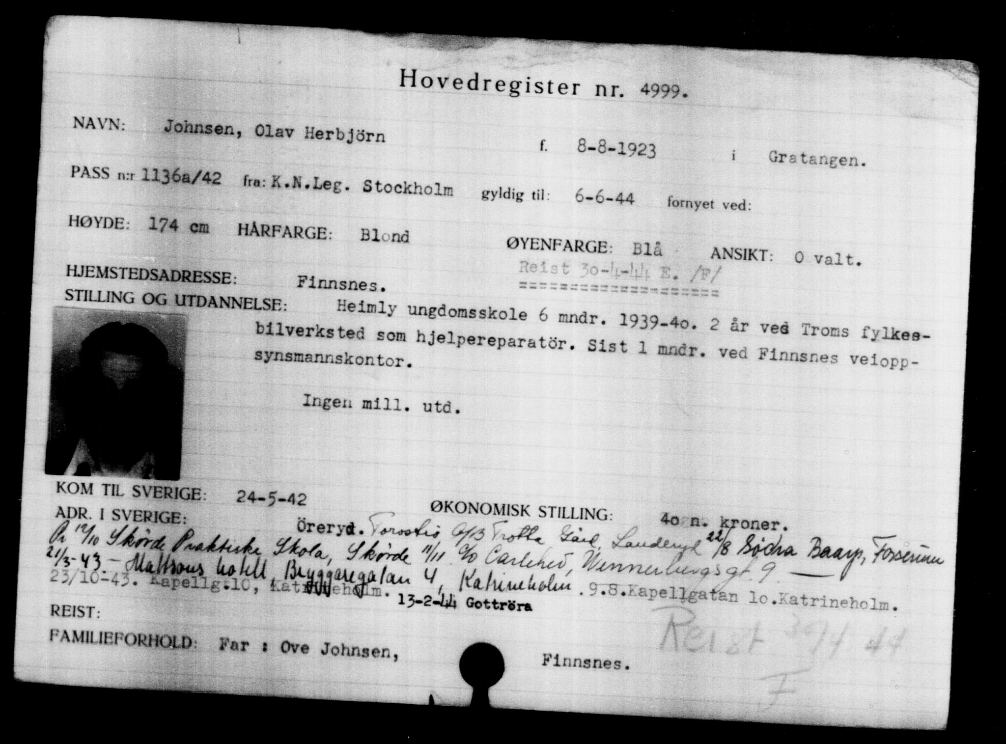 Utenriksstasjonene, Legasjonen i Stockholm, Flyktningkontoret, AV/RA-S-6753/V/Va/L0004: Kjesäterkartoteket, flyktninger med registreringsnr. 3496-6610, 1940-1945, p. 1781
