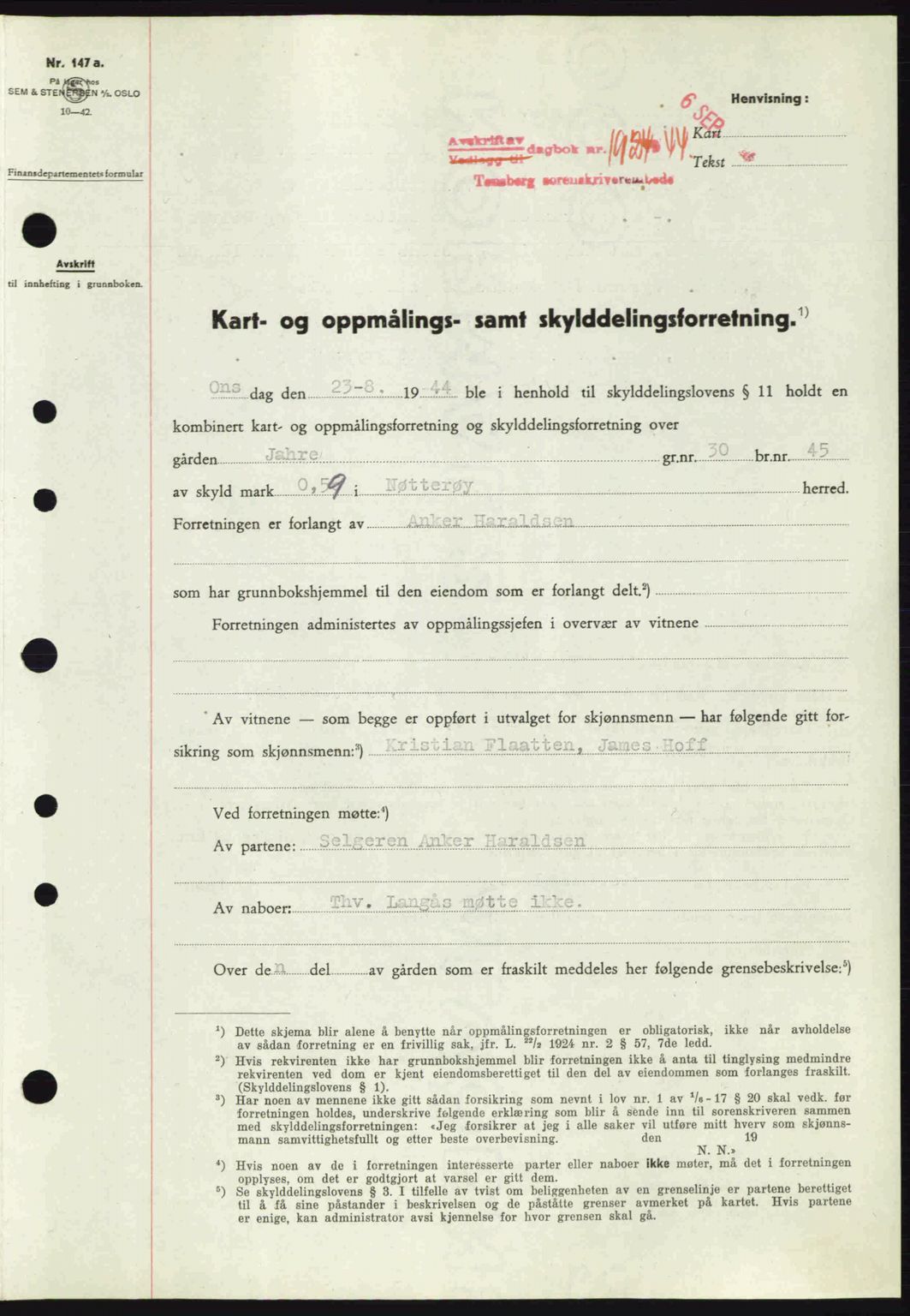 Tønsberg sorenskriveri, AV/SAKO-A-130/G/Ga/Gaa/L0016: Mortgage book no. A16, 1944-1945, Diary no: : 1924/1944