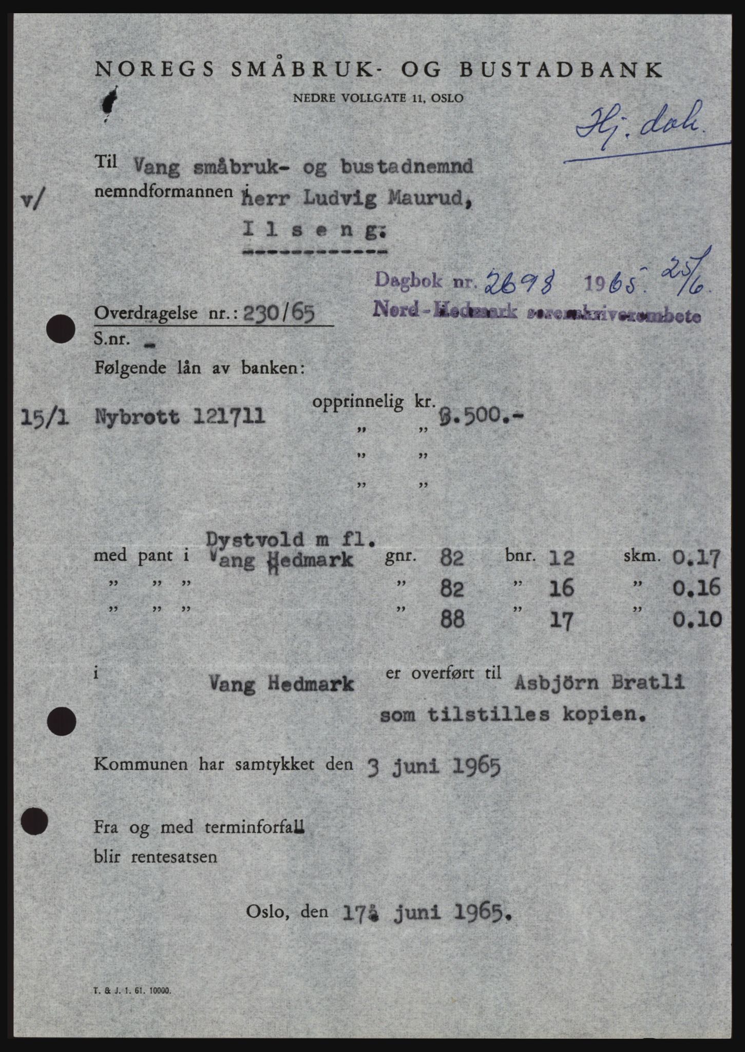 Nord-Hedmark sorenskriveri, SAH/TING-012/H/Hc/L0022: Mortgage book no. 22, 1965-1965, Diary no: : 2698/1965