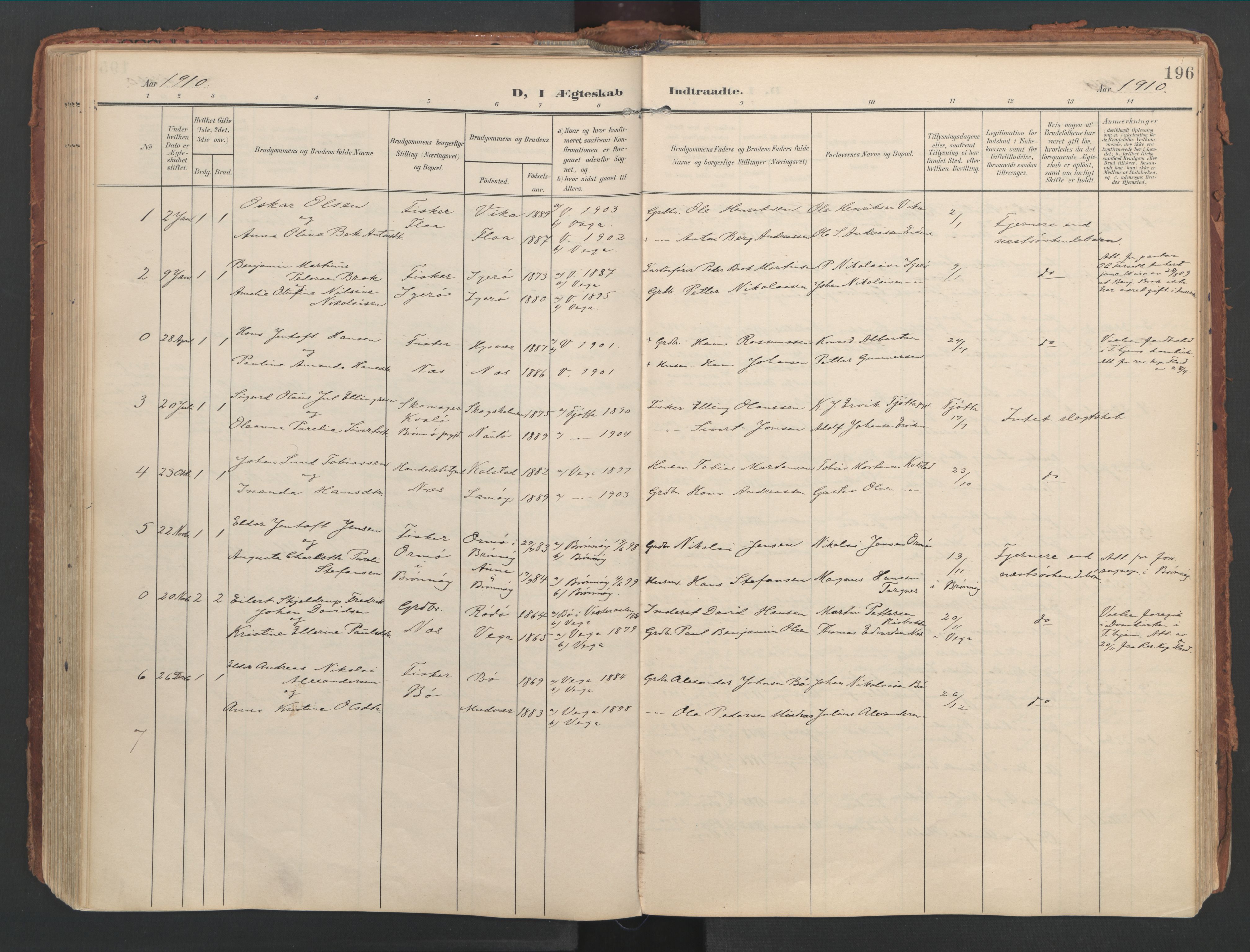 Ministerialprotokoller, klokkerbøker og fødselsregistre - Nordland, AV/SAT-A-1459/816/L0250: Parish register (official) no. 816A16, 1903-1923, p. 196