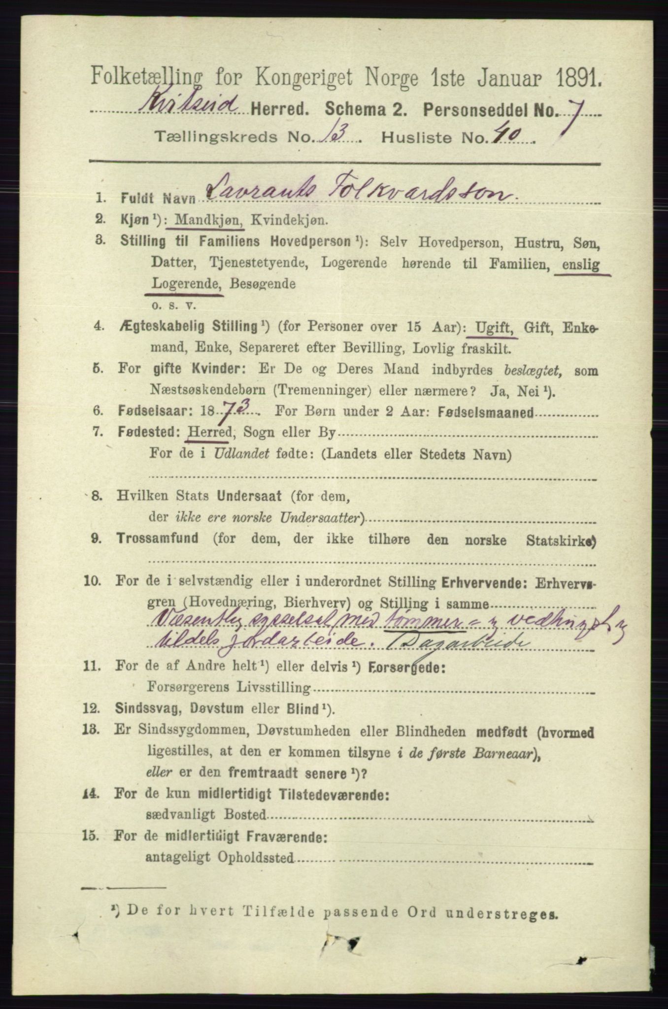 RA, 1891 census for 0829 Kviteseid, 1891, p. 3313