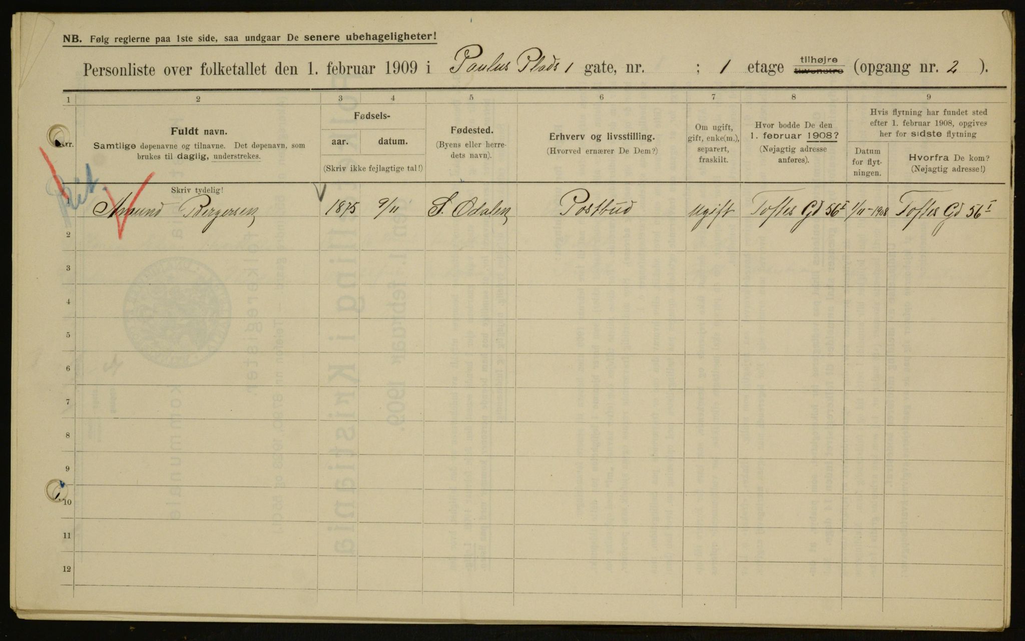 OBA, Municipal Census 1909 for Kristiania, 1909, p. 71111