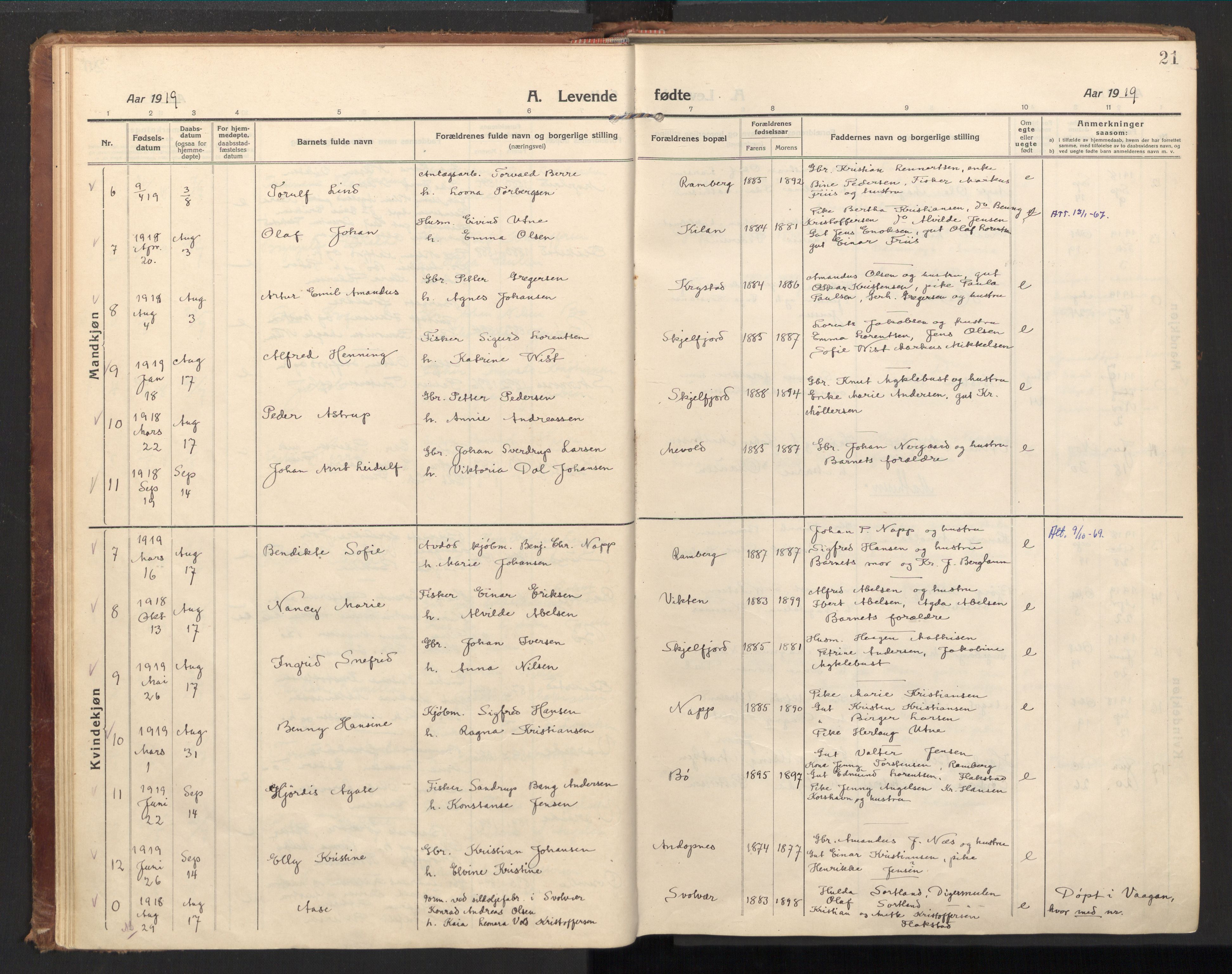 Ministerialprotokoller, klokkerbøker og fødselsregistre - Nordland, AV/SAT-A-1459/885/L1210: Parish register (official) no. 885A10, 1916-1926, p. 21