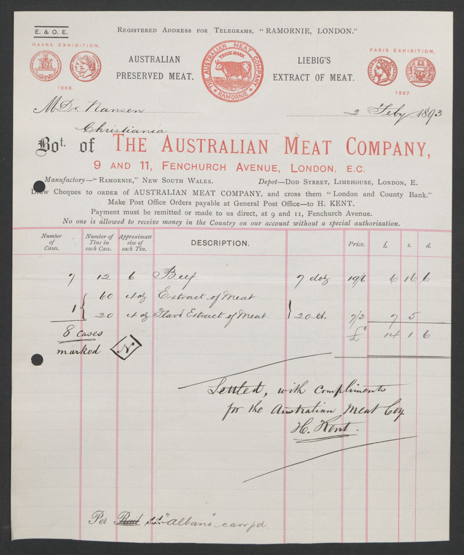 Arbeidskomitéen for Fridtjof Nansens polarekspedisjon, AV/RA-PA-0061/D/L0004: Innk. brev og telegrammer vedr. proviant og utrustning, 1892-1893, p. 420