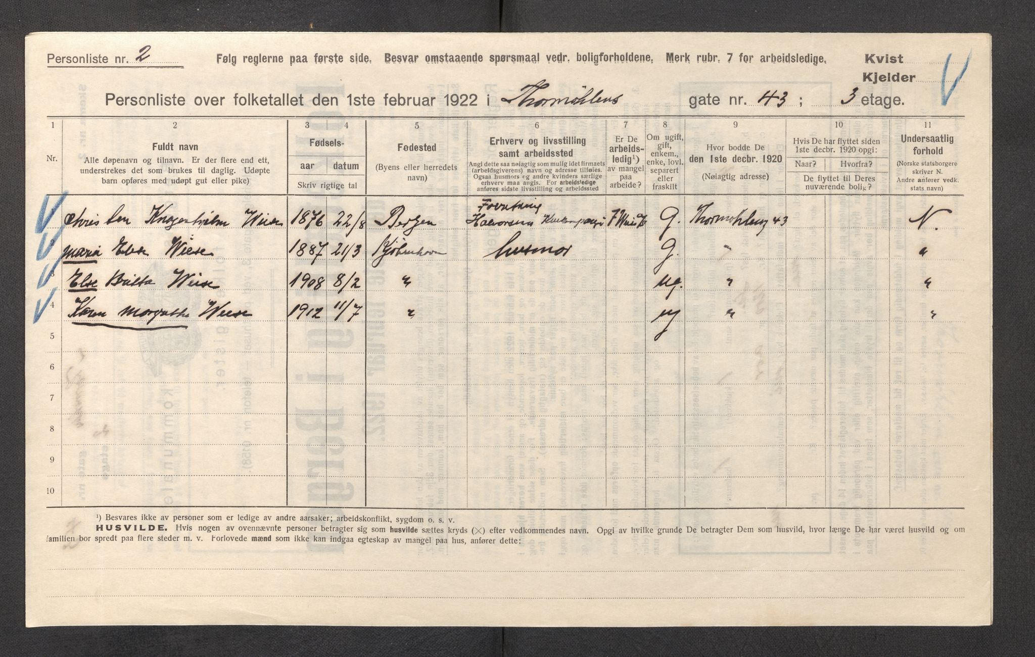 SAB, Municipal Census 1922 for Bergen, 1922, p. 43810