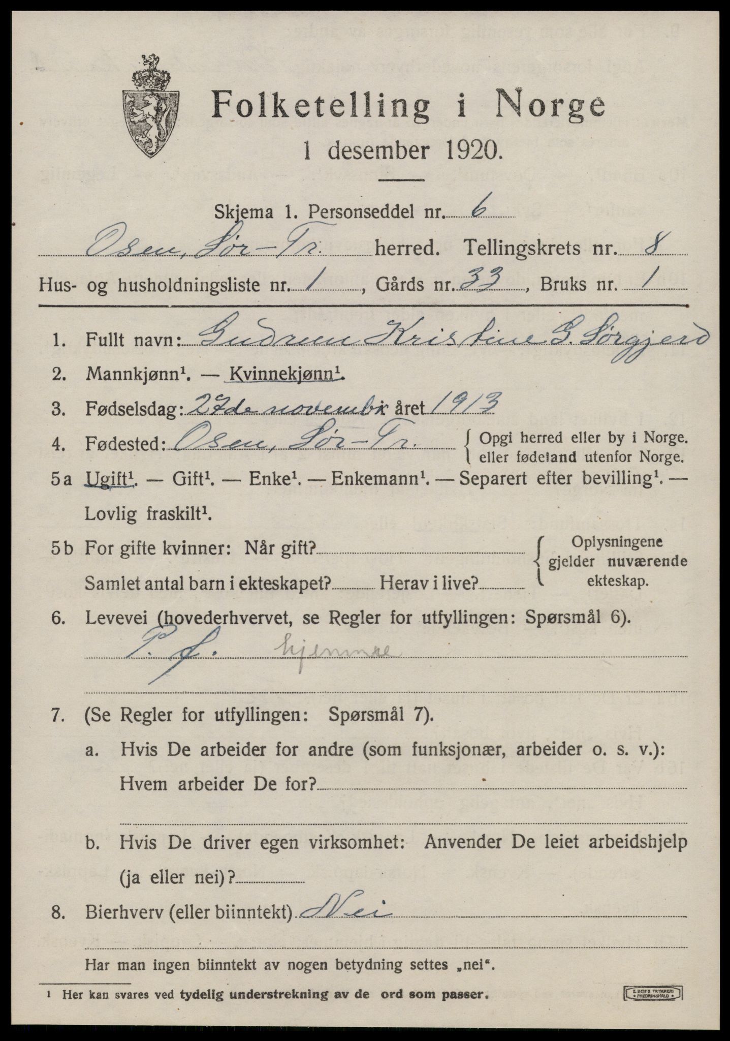 SAT, 1920 census for Osen, 1920, p. 3661