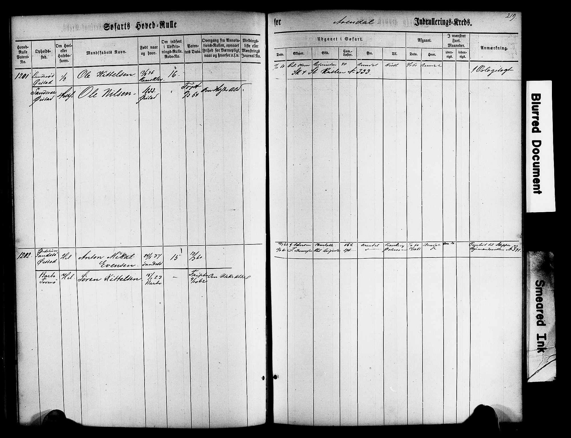 Arendal mønstringskrets, SAK/2031-0012/F/Fb/L0009: Hovedrulle nr 767-1532, S-7, 1857-1864, p. 221