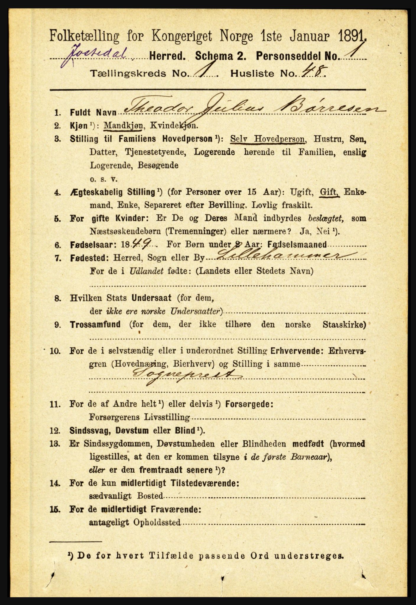 RA, 1891 census for 1427 Jostedal, 1891, p. 421