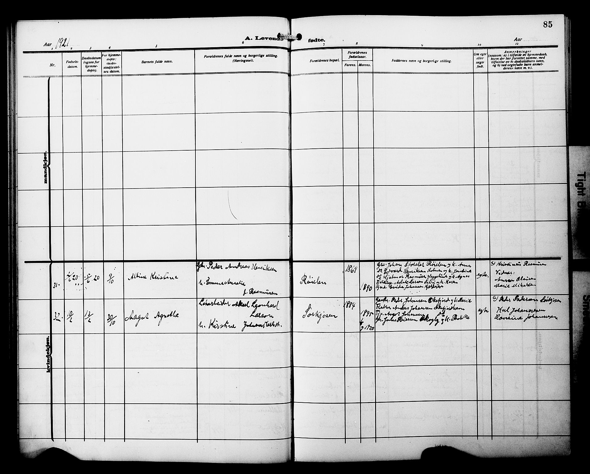 Skjervøy sokneprestkontor, SATØ/S-1300/H/Ha/Hab/L0022klokker: Parish register (copy) no. 22, 1910-1926, p. 85