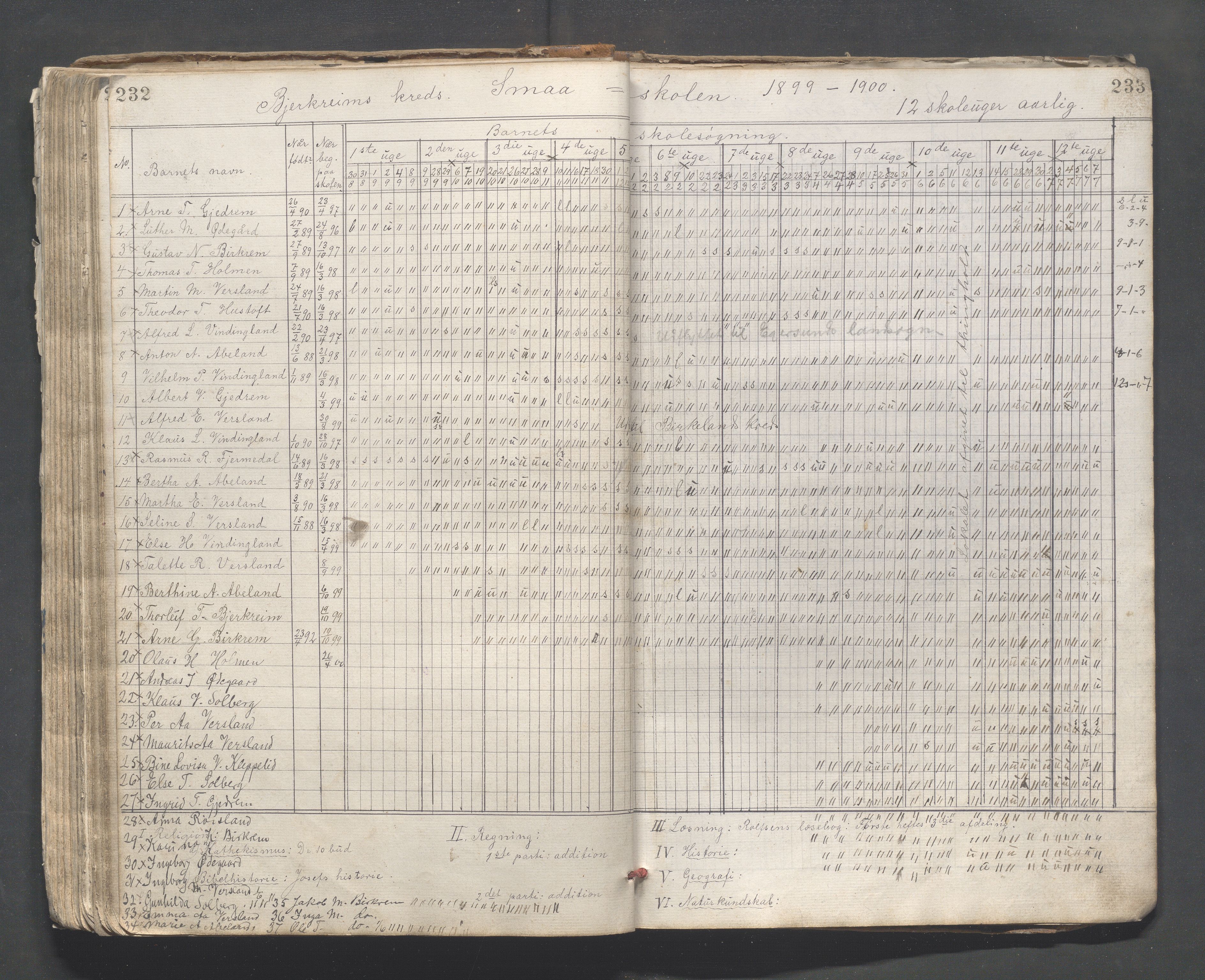 Bjerkreim kommune - Bjerkreim skule, IKAR/K-101541/H/L0001: Skuleprotokoll, 1874-1903, p. 232-233