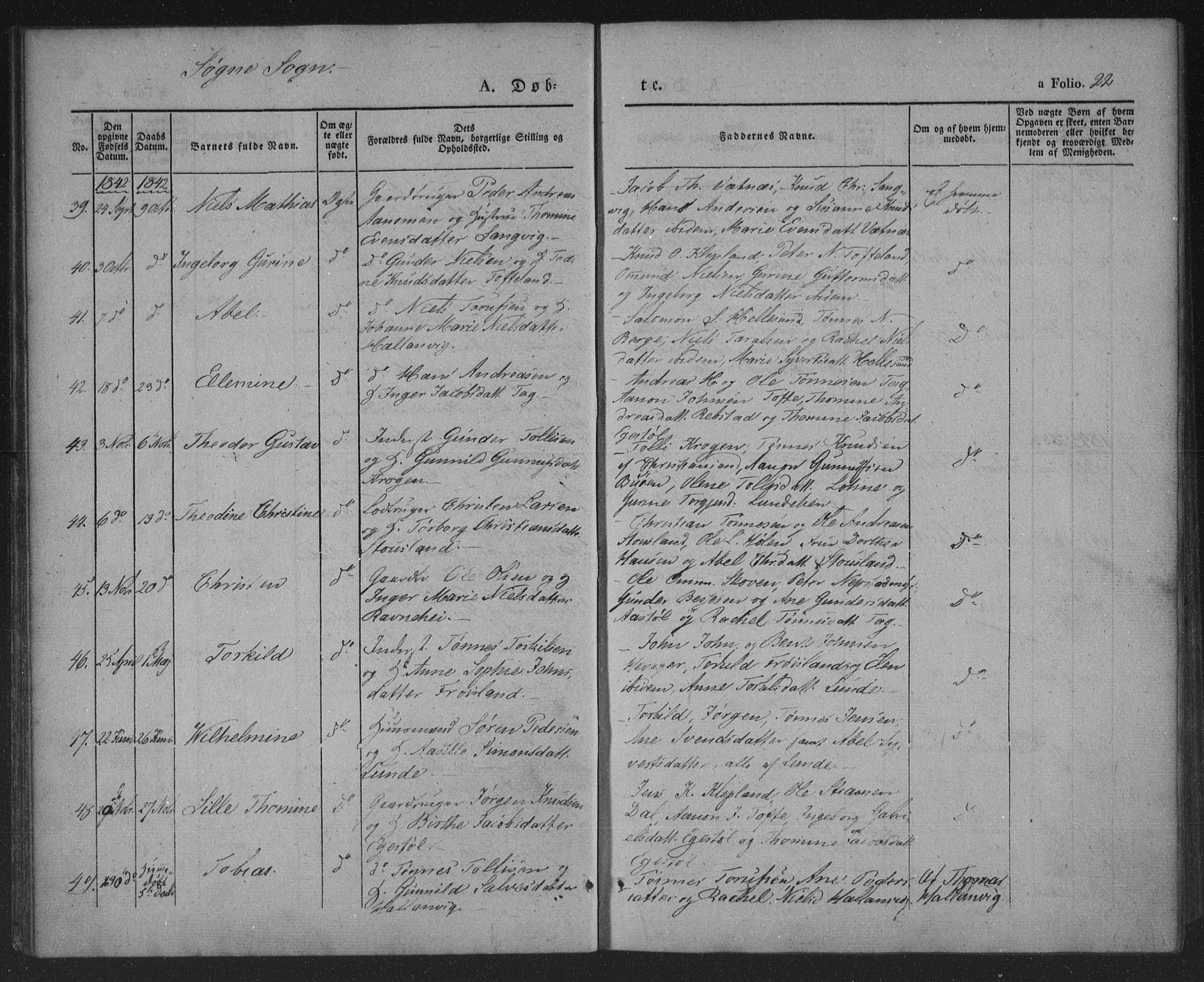 Søgne sokneprestkontor, SAK/1111-0037/F/Fa/Fab/L0009: Parish register (official) no. A 9, 1838-1853, p. 22