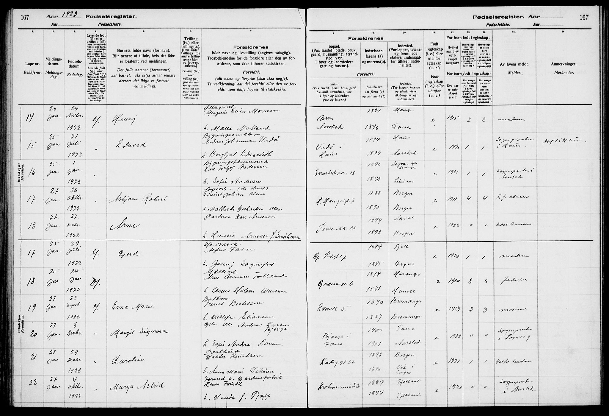 Sandviken Sokneprestembete, AV/SAB-A-77601/I/Ib/L00A2: Birth register no. A 2, 1920-1923, p. 167