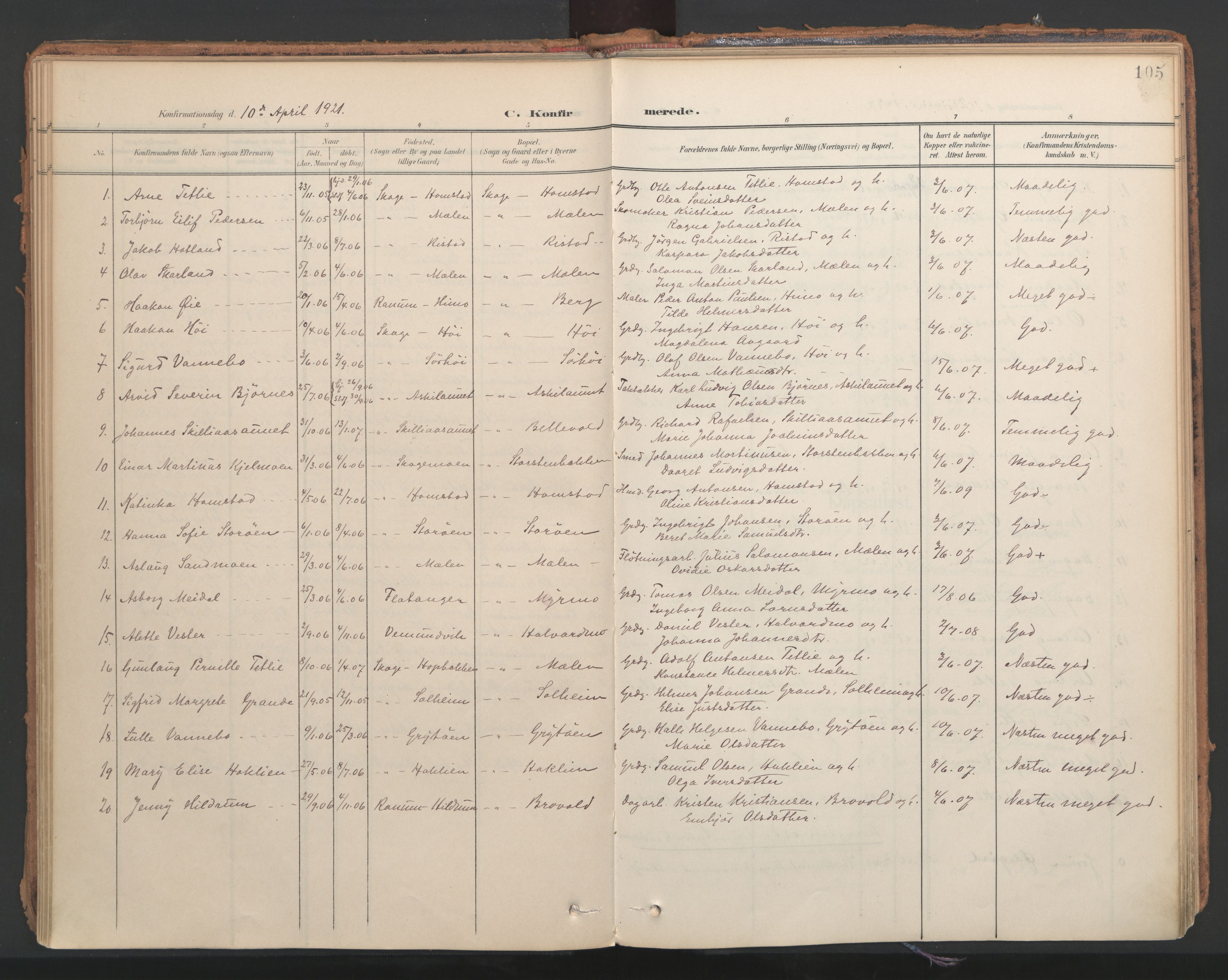 Ministerialprotokoller, klokkerbøker og fødselsregistre - Nord-Trøndelag, SAT/A-1458/766/L0564: Parish register (official) no. 767A02, 1900-1932, p. 105