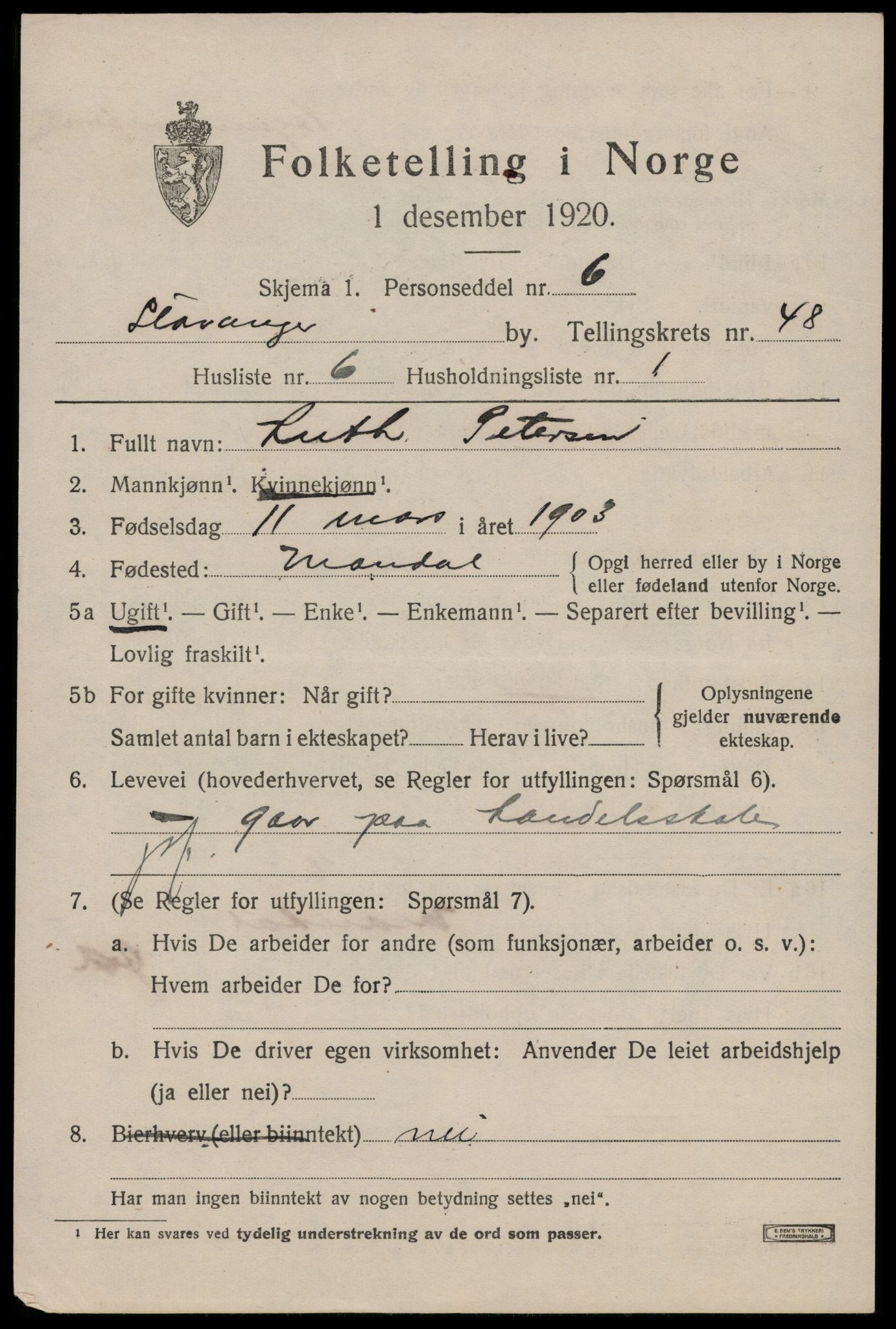 SAST, 1920 census for Stavanger, 1920, p. 115436