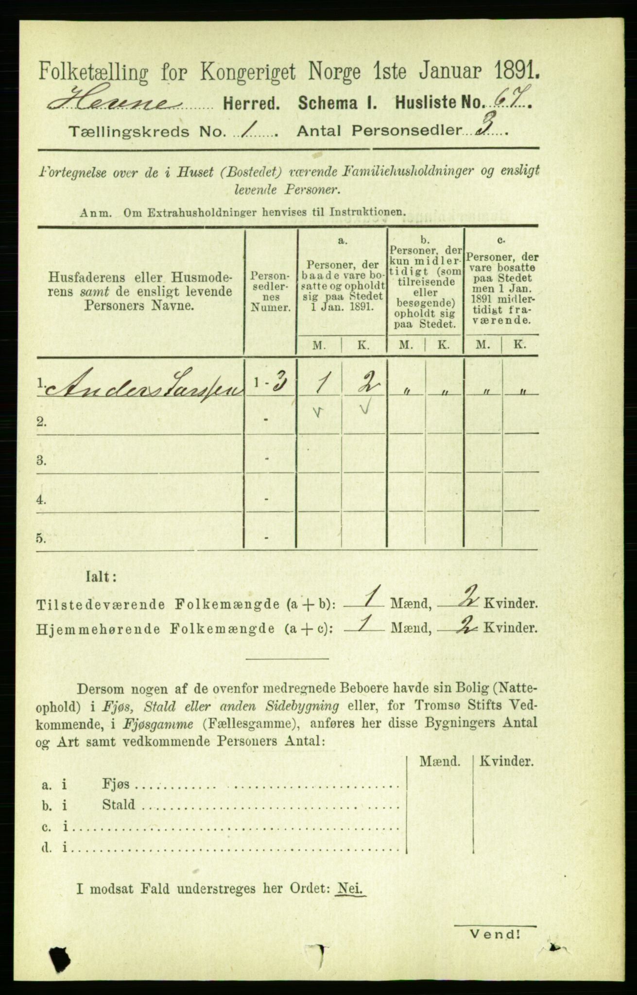 RA, 1891 census for 1612 Hemne, 1891, p. 103