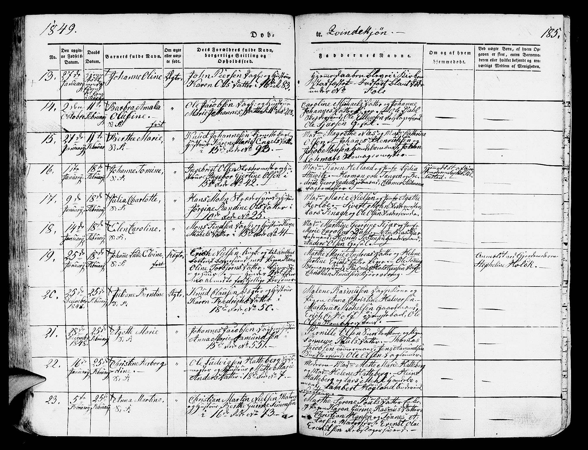 Domkirken sokneprestembete, SAB/A-74801/H/Hab/L0009: Parish register (copy) no. B 2, 1842-1849, p. 185