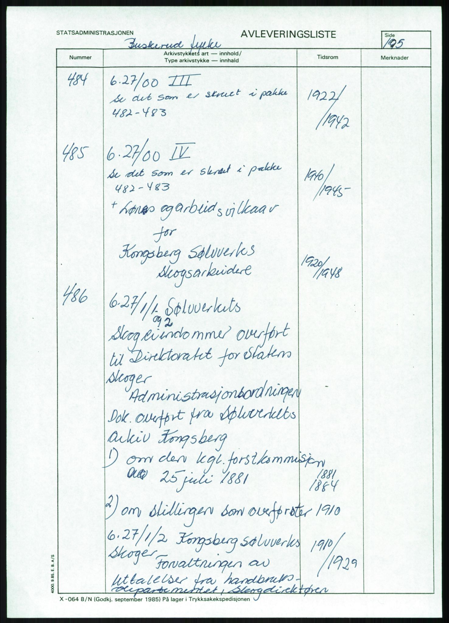 Direktoratet for statens skoger, AV/RA-S-1600/2/E/Eg/L0002: Arkivliste for 10.11-serien. Akershus til Sør-Trøndelag fylke. Mappenr. 1 - 925, 1957-1992, p. 196