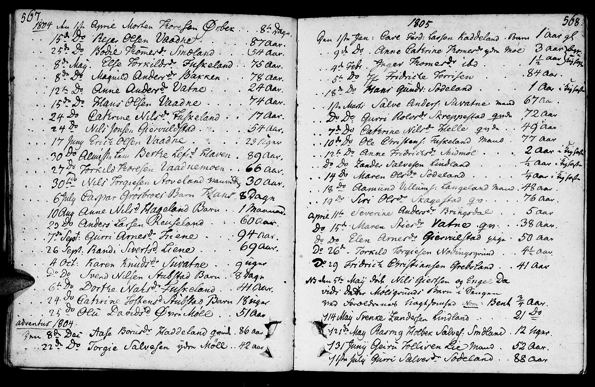 Holum sokneprestkontor, SAK/1111-0022/F/Fa/Faa/L0003: Parish register (official) no. A 3, 1780-1821, p. 567-568