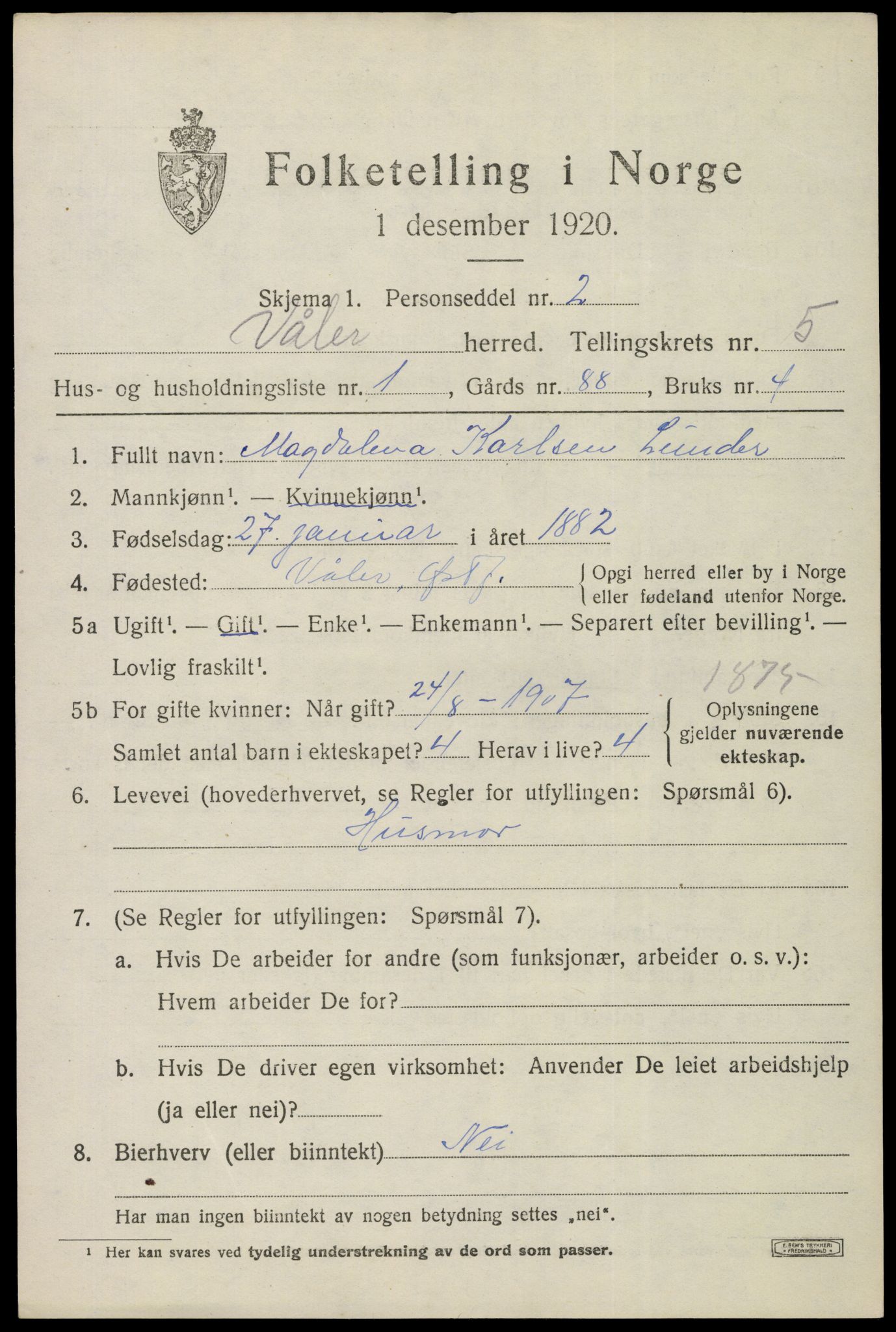 SAO, 1920 census for Våler, 1920, p. 2668