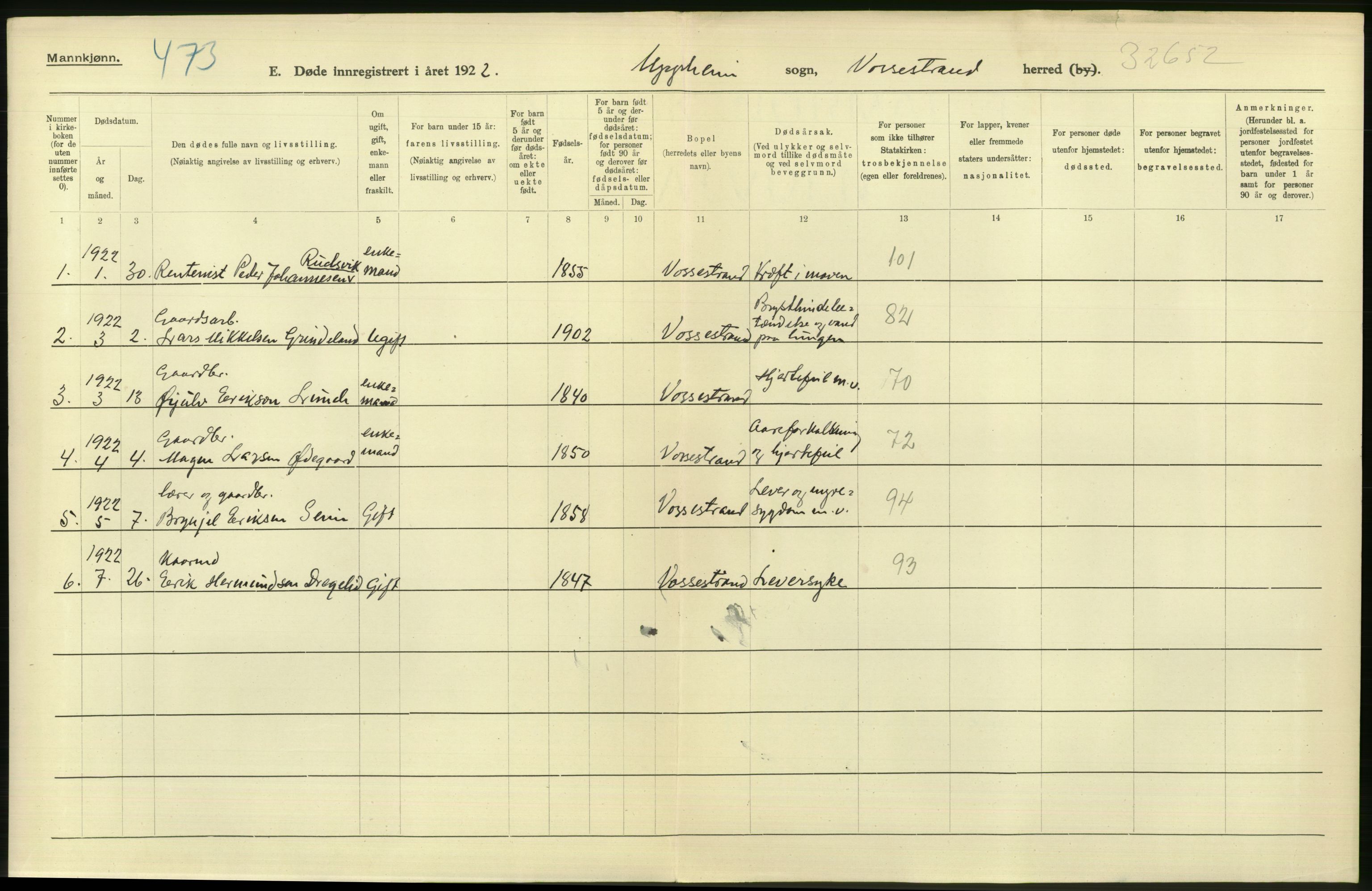 Statistisk sentralbyrå, Sosiodemografiske emner, Befolkning, RA/S-2228/D/Df/Dfc/Dfcb/L0028: Hordaland fylke: Døde, dødfødte. Bygder., 1922, p. 548