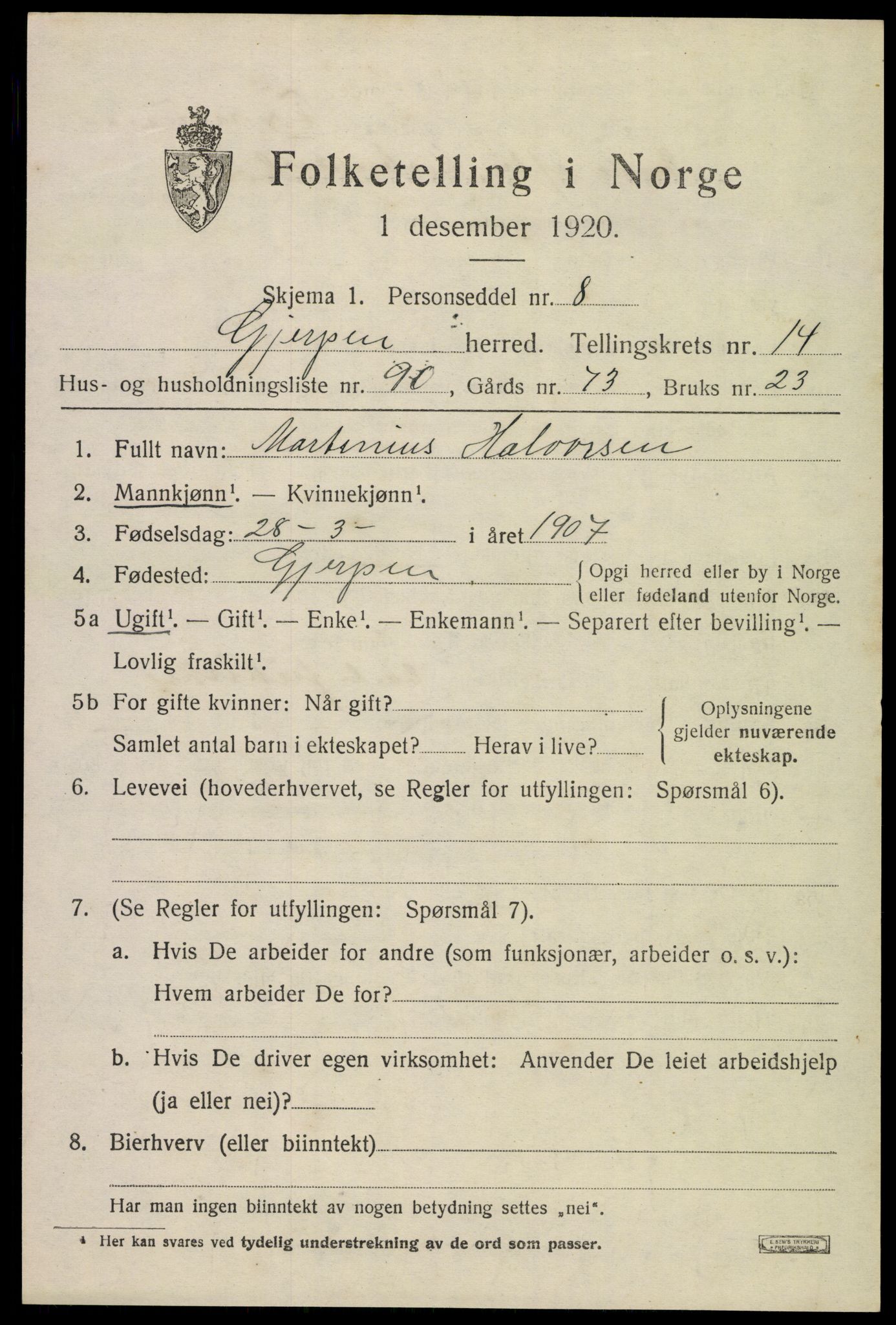 SAKO, 1920 census for Gjerpen, 1920, p. 17214
