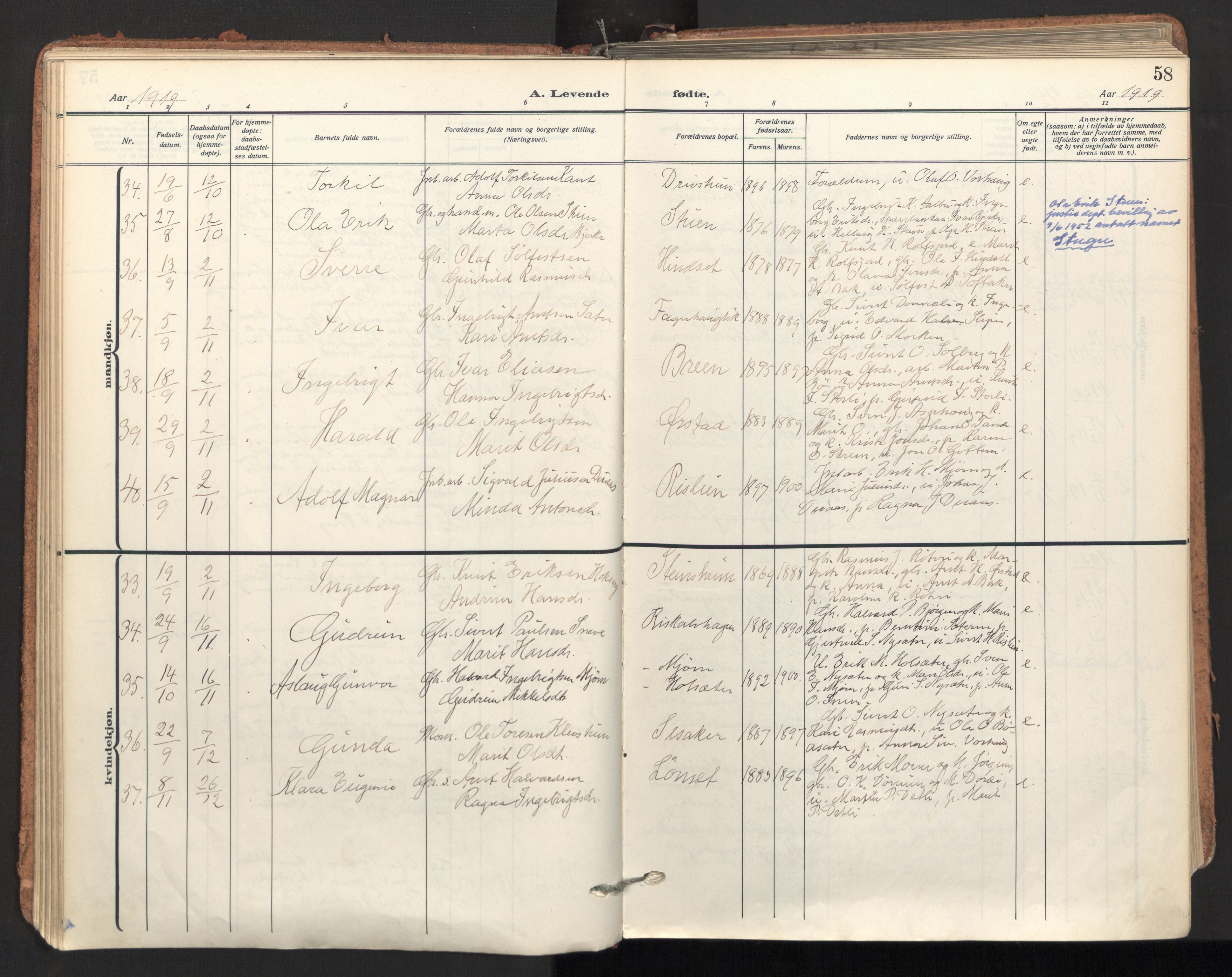 Ministerialprotokoller, klokkerbøker og fødselsregistre - Sør-Trøndelag, SAT/A-1456/678/L0909: Parish register (official) no. 678A17, 1912-1930, p. 58