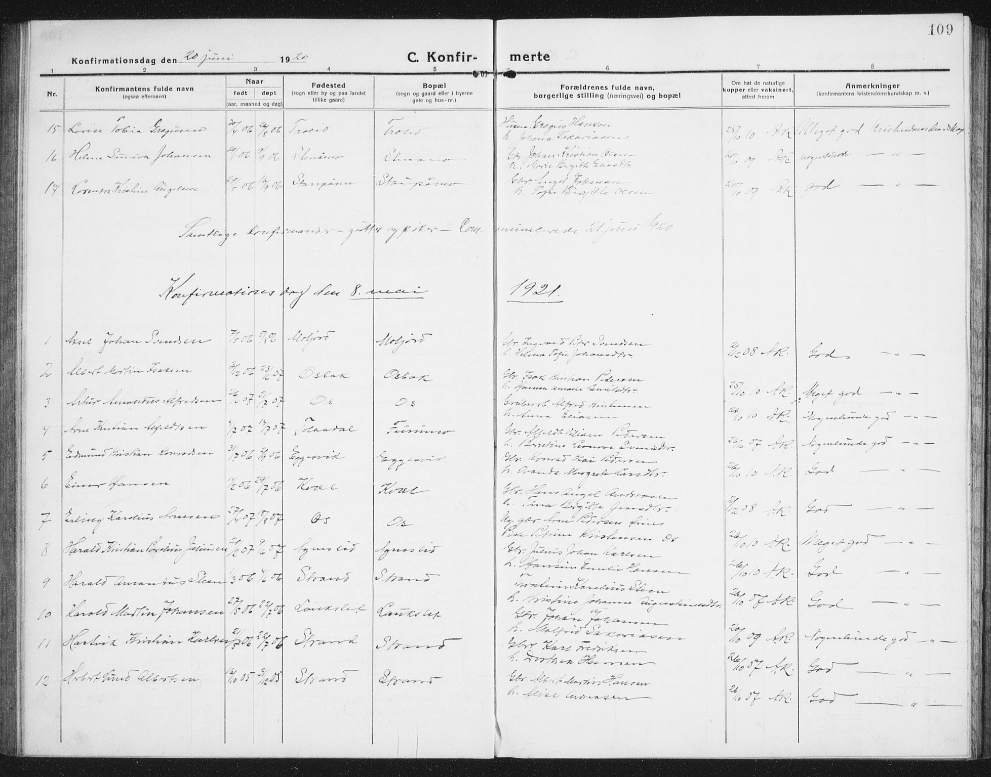 Ministerialprotokoller, klokkerbøker og fødselsregistre - Nordland, AV/SAT-A-1459/846/L0656: Parish register (copy) no. 846C06, 1917-1936, p. 109