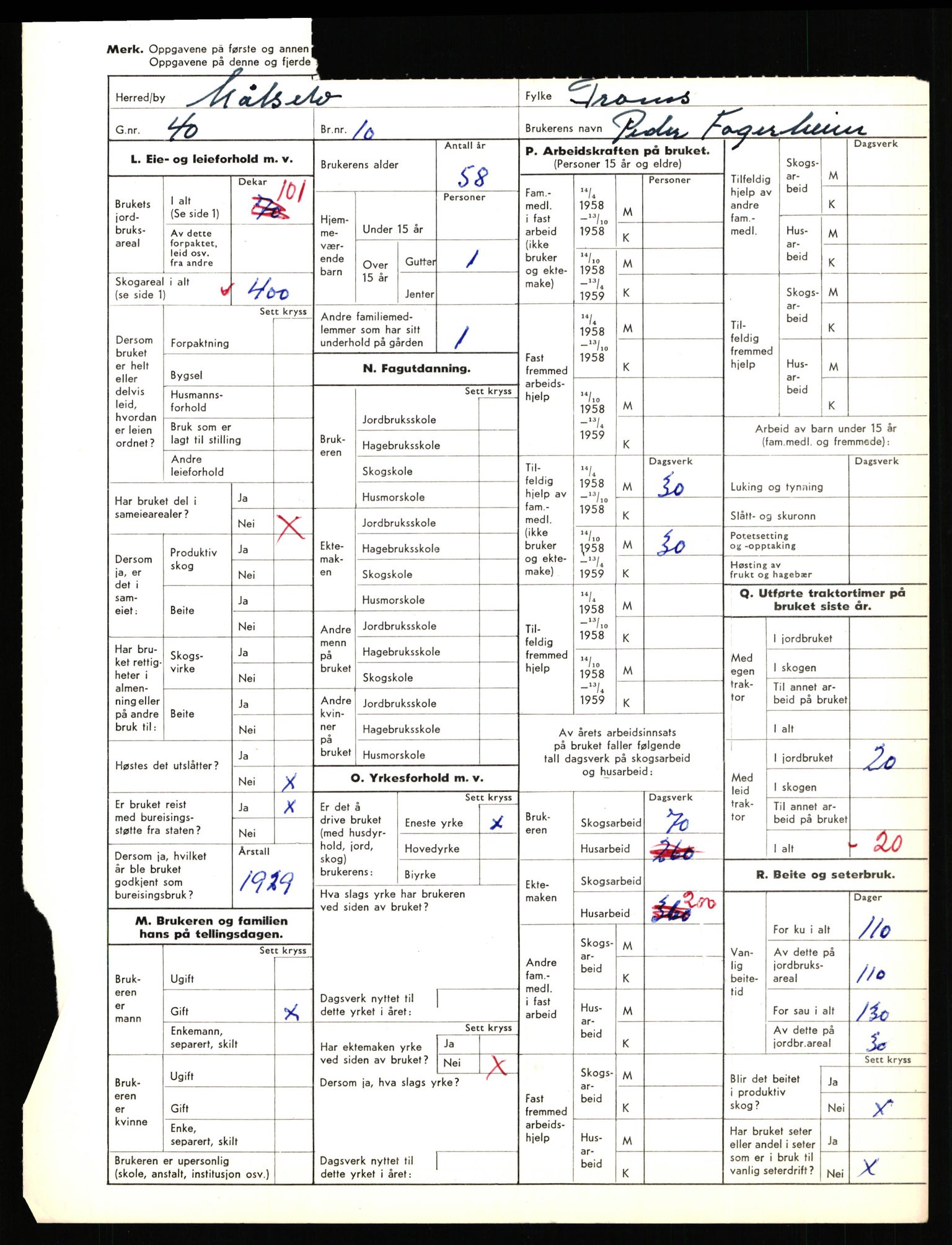 Statistisk sentralbyrå, Næringsøkonomiske emner, Jordbruk, skogbruk, jakt, fiske og fangst, AV/RA-S-2234/G/Gd/L0655: Troms: 1924 Målselv (kl. 4-10), 1959, p. 2195