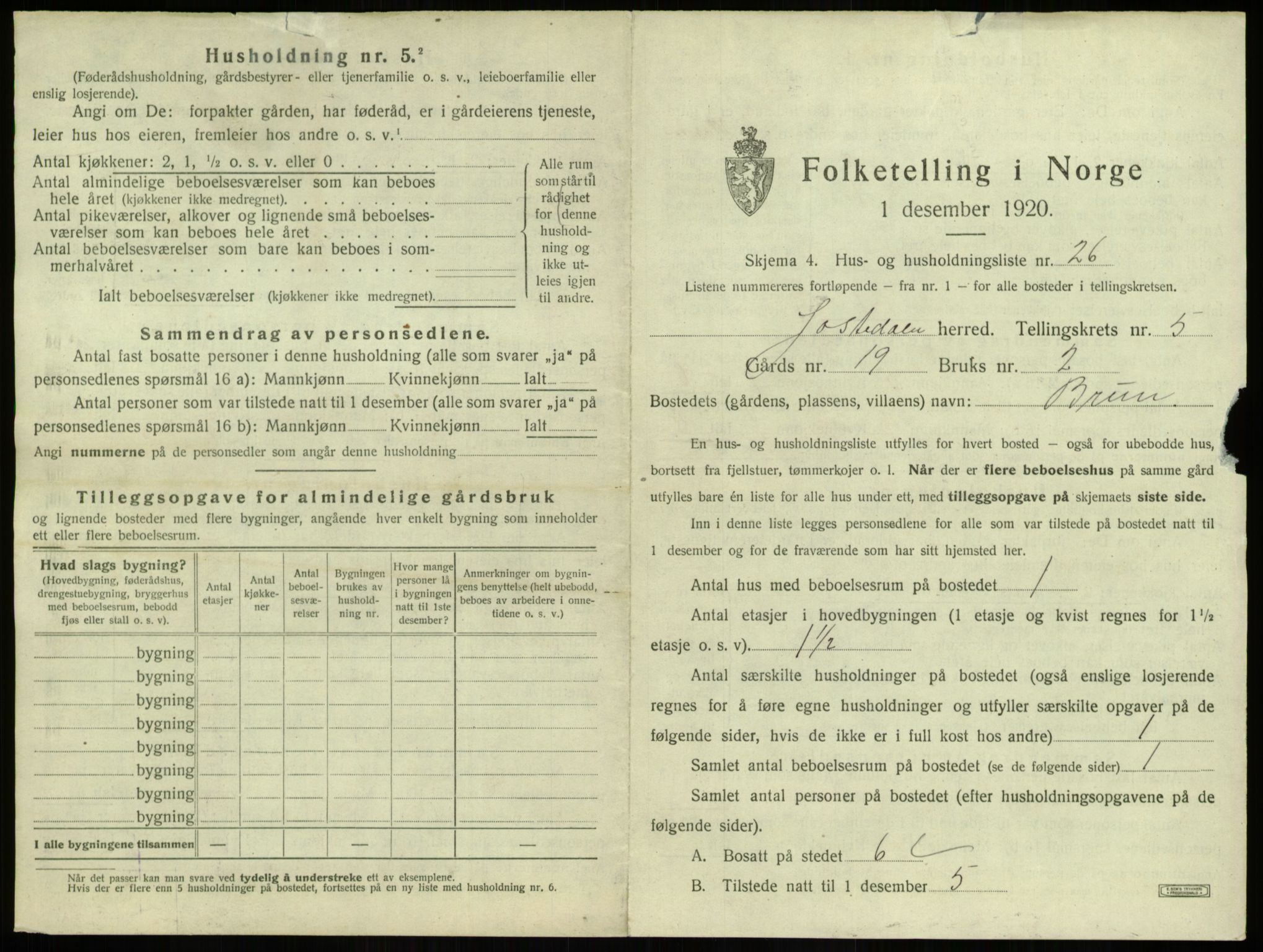 SAB, 1920 census for Jostedal, 1920, p. 304