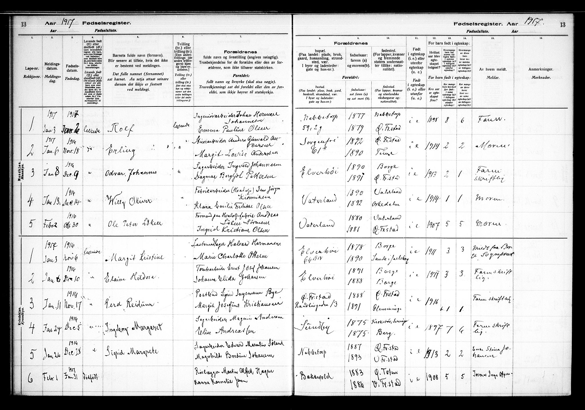 Østre Fredrikstad prestekontor Kirkebøker, AV/SAO-A-10907/J/Ja/L0001: Birth register no. 1, 1916-1936, p. 13