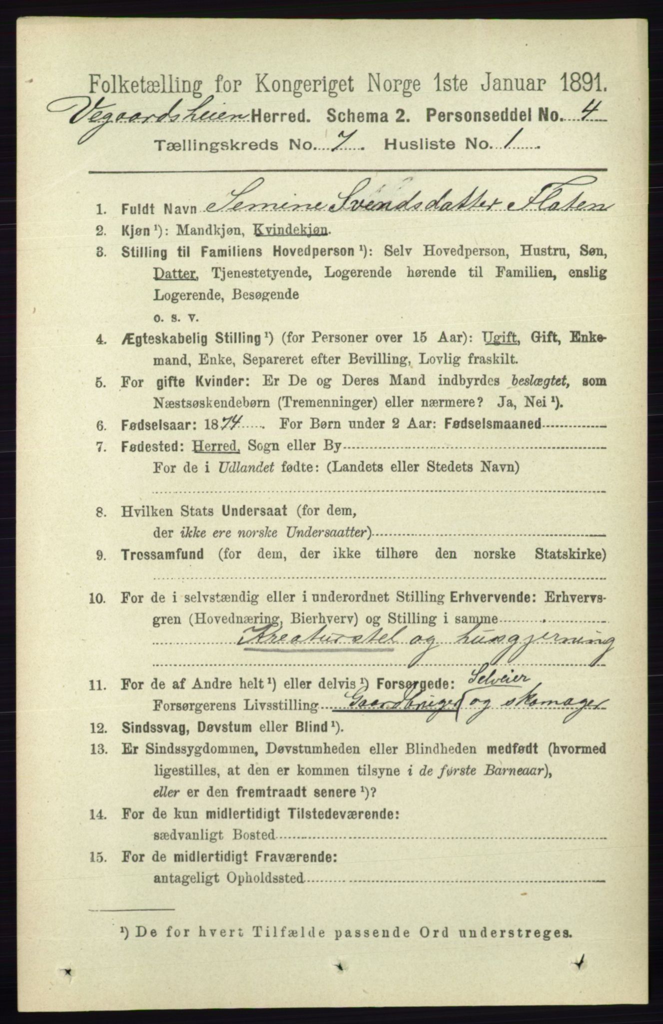 RA, 1891 census for 0912 Vegårshei, 1891, p. 1337