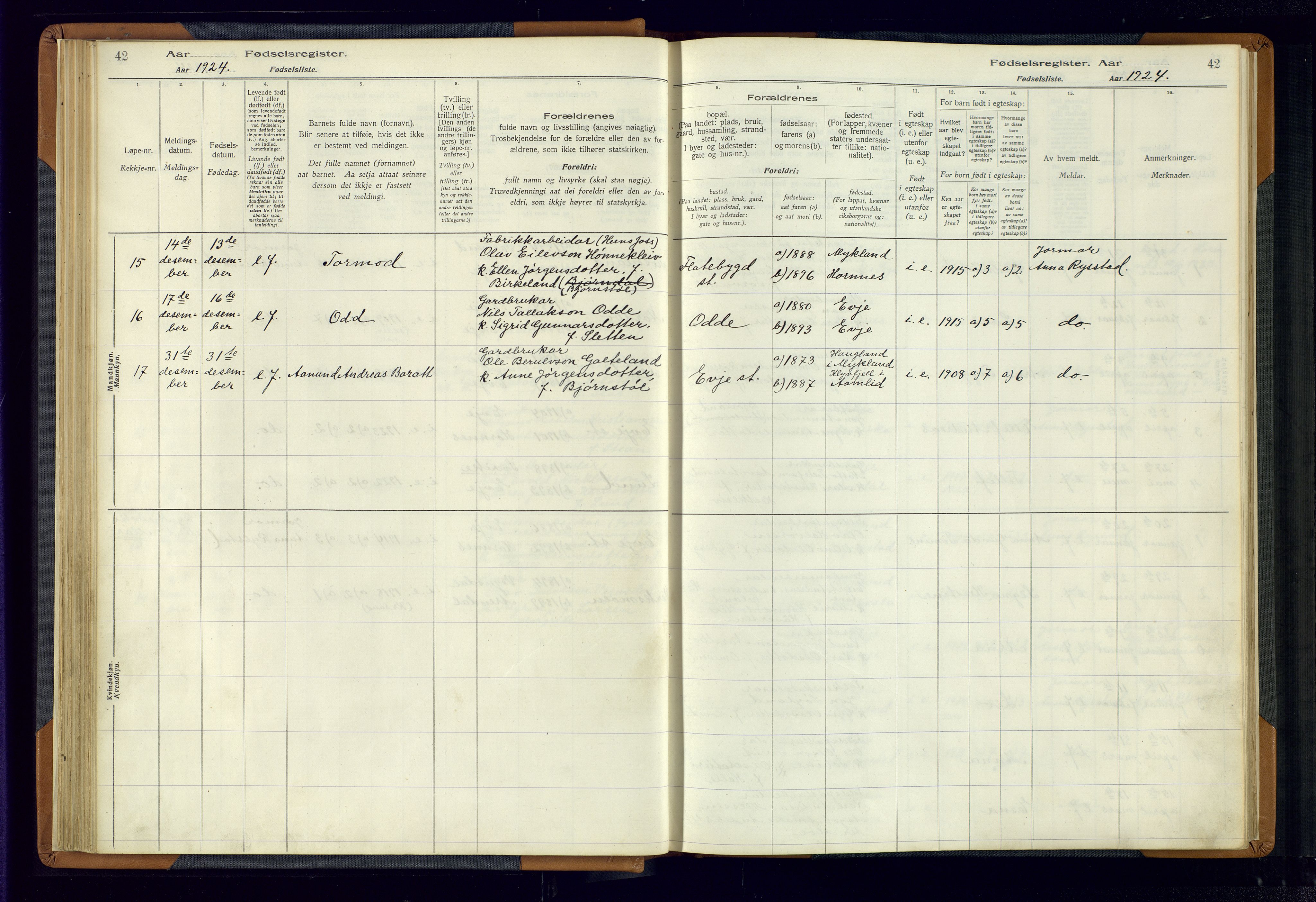 Evje sokneprestkontor, SAK/1111-0008/J/Jc/L0004: Birth register no. 4, 1916-1968, p. 42