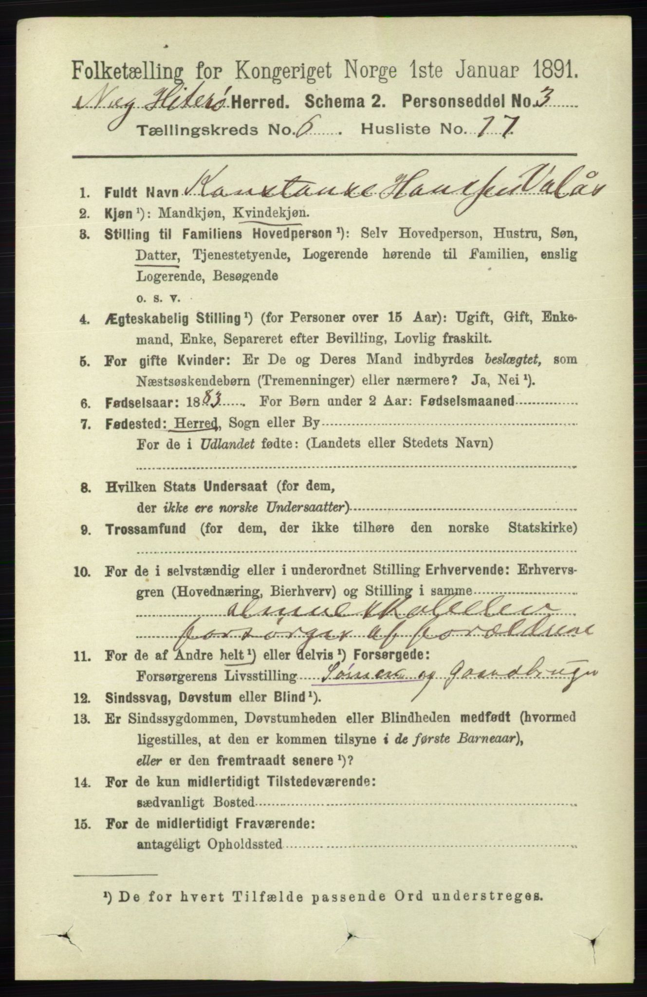 RA, 1891 census for 1043 Hidra og Nes, 1891, p. 2652