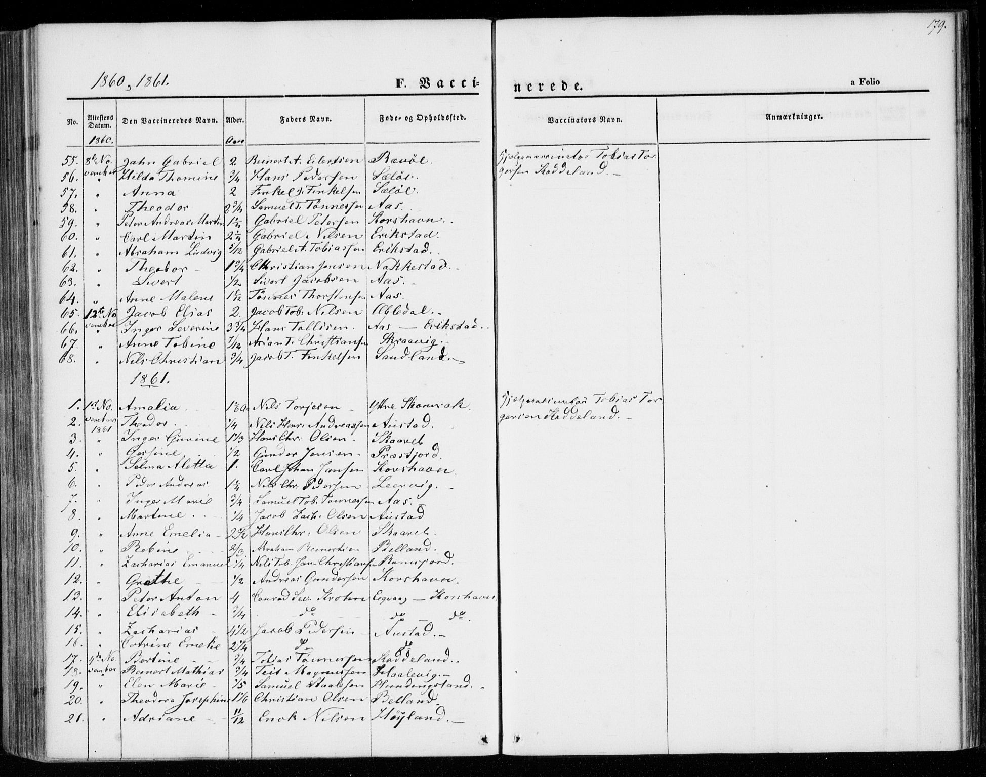 Lyngdal sokneprestkontor, SAK/1111-0029/F/Fa/Faa/L0002: Parish register (official) no. A 2, 1858-1870, p. 179