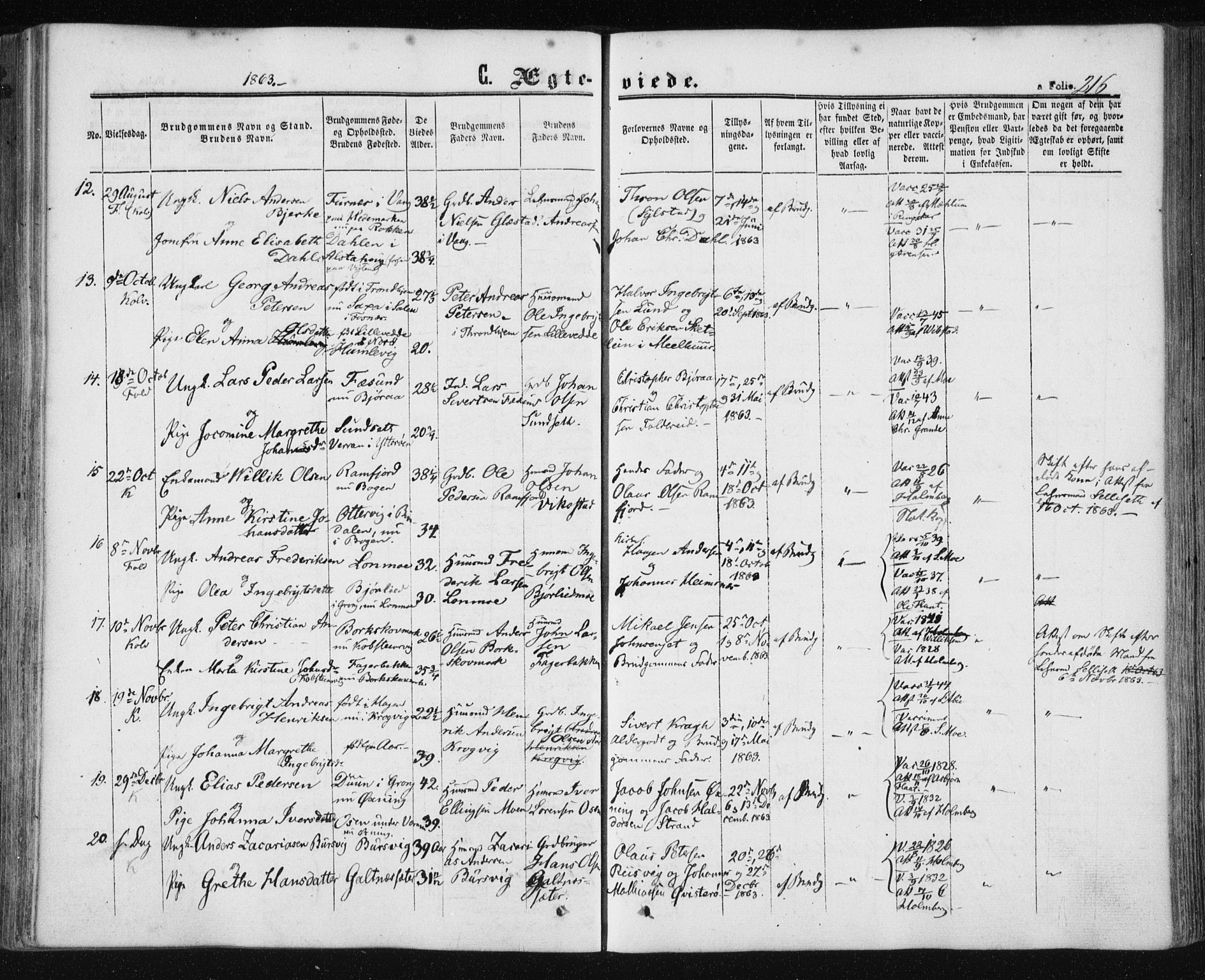 Ministerialprotokoller, klokkerbøker og fødselsregistre - Nord-Trøndelag, SAT/A-1458/780/L0641: Parish register (official) no. 780A06, 1857-1874, p. 216