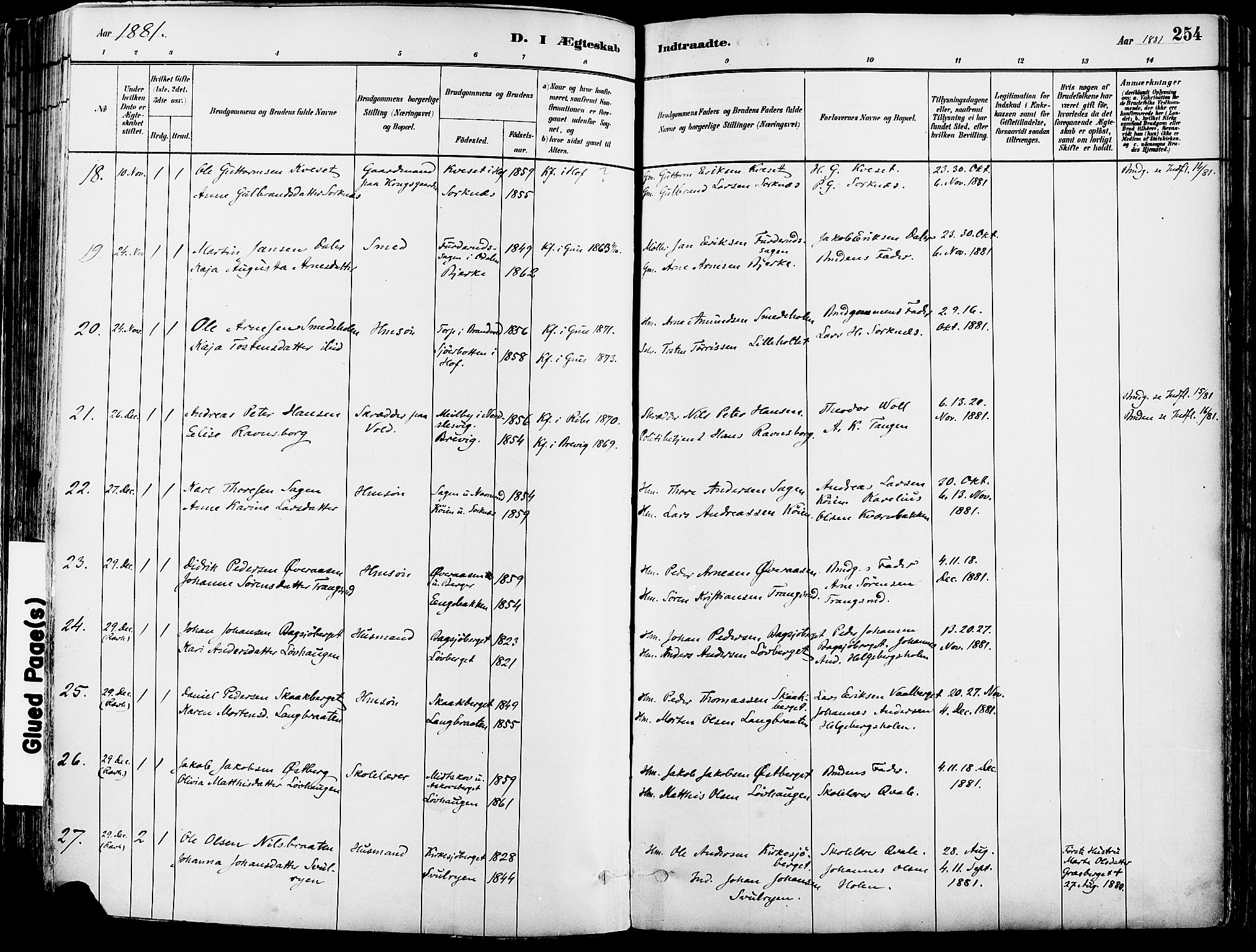 Grue prestekontor, SAH/PREST-036/H/Ha/Haa/L0012: Parish register (official) no. 12, 1881-1897, p. 254