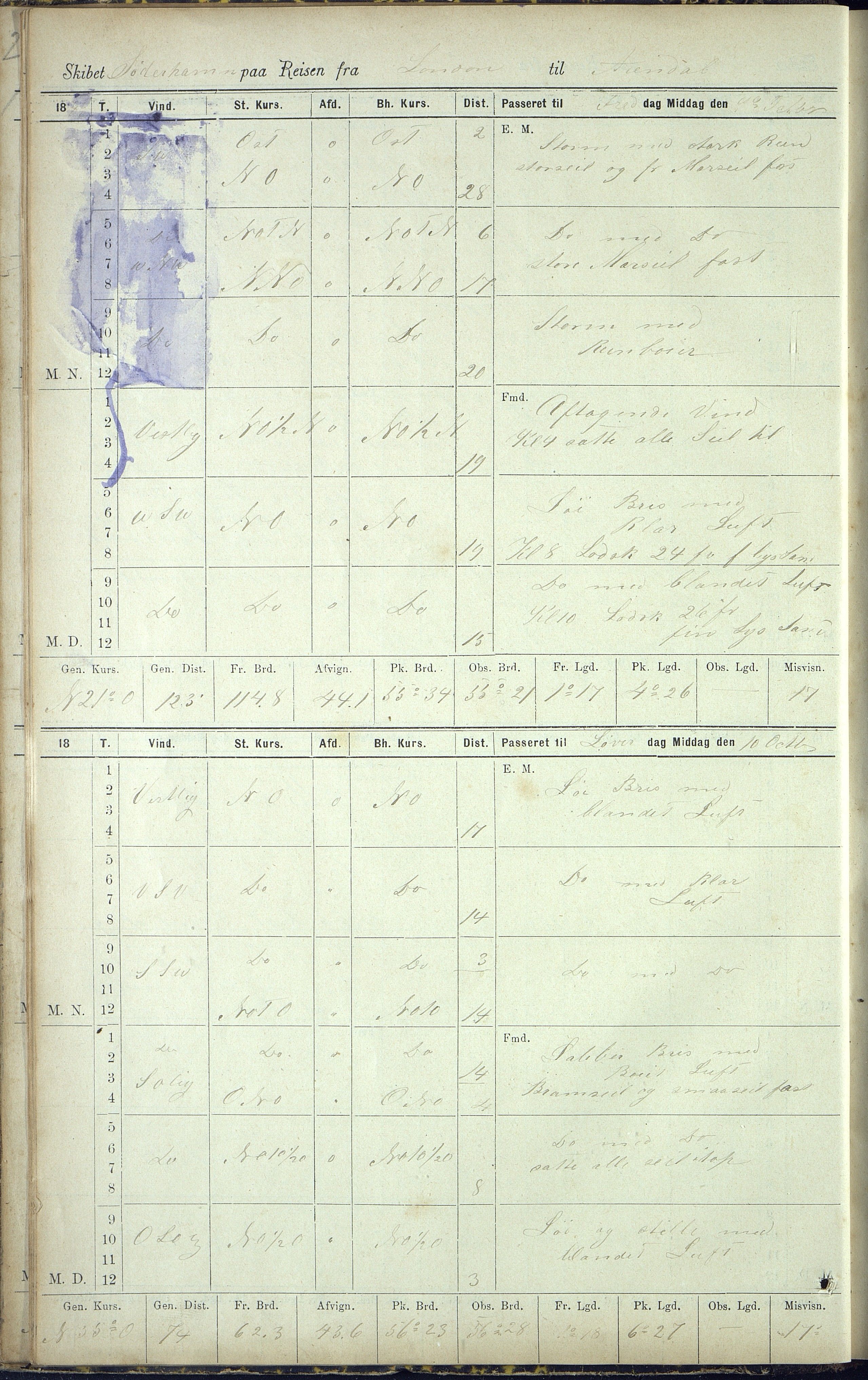 Tellefsen. Skipsarkiv, AAKS/PA-1572/E01/L0001/0001: Søderhamn, bark / Skipsjournal for Søderhamn, 1885-1887