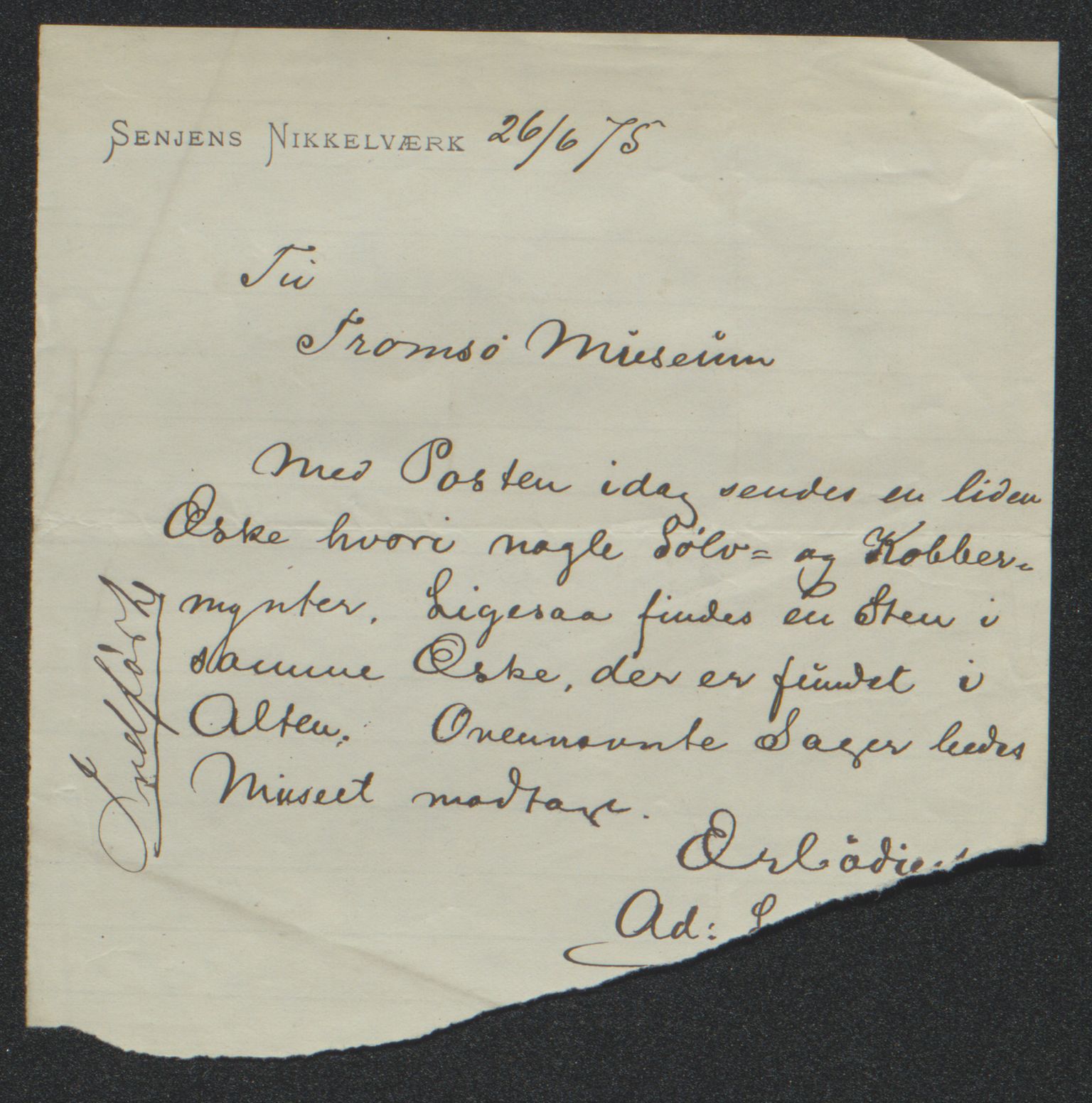 Tromsø Museum, AV/SATØ-S-0162/D/Db/L0032: Journalsaker og innkomne brev, 1872-1878, p. 236