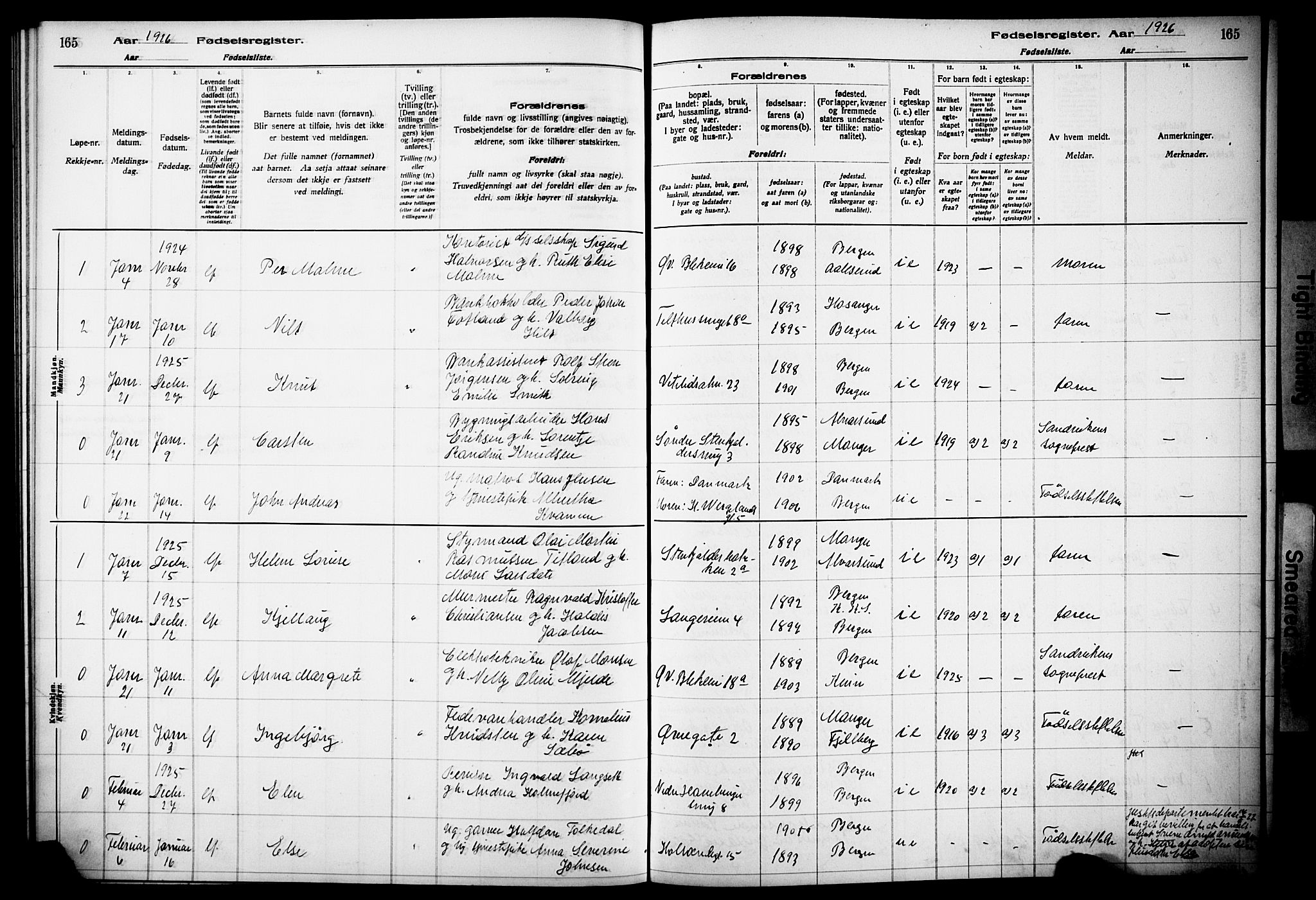 Korskirken sokneprestembete, SAB/A-76101/I/Id/L00A1: Birth register no. A 1, 1916-1929, p. 165