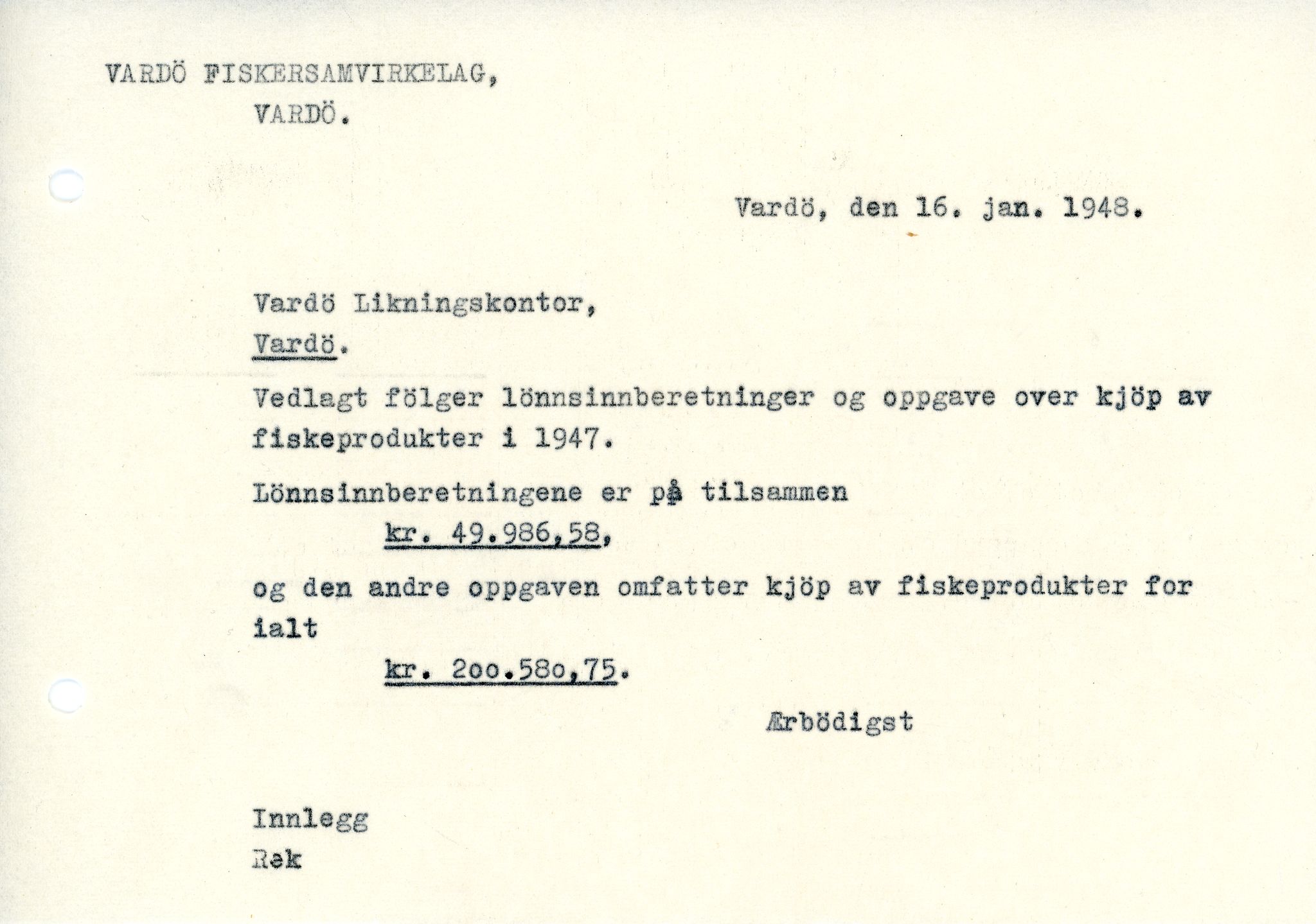 Vardø Fiskersamvirkelag, VAMU/A-0037/D/Da/L0008: Korrespondanse Tr-År, 1947-1950