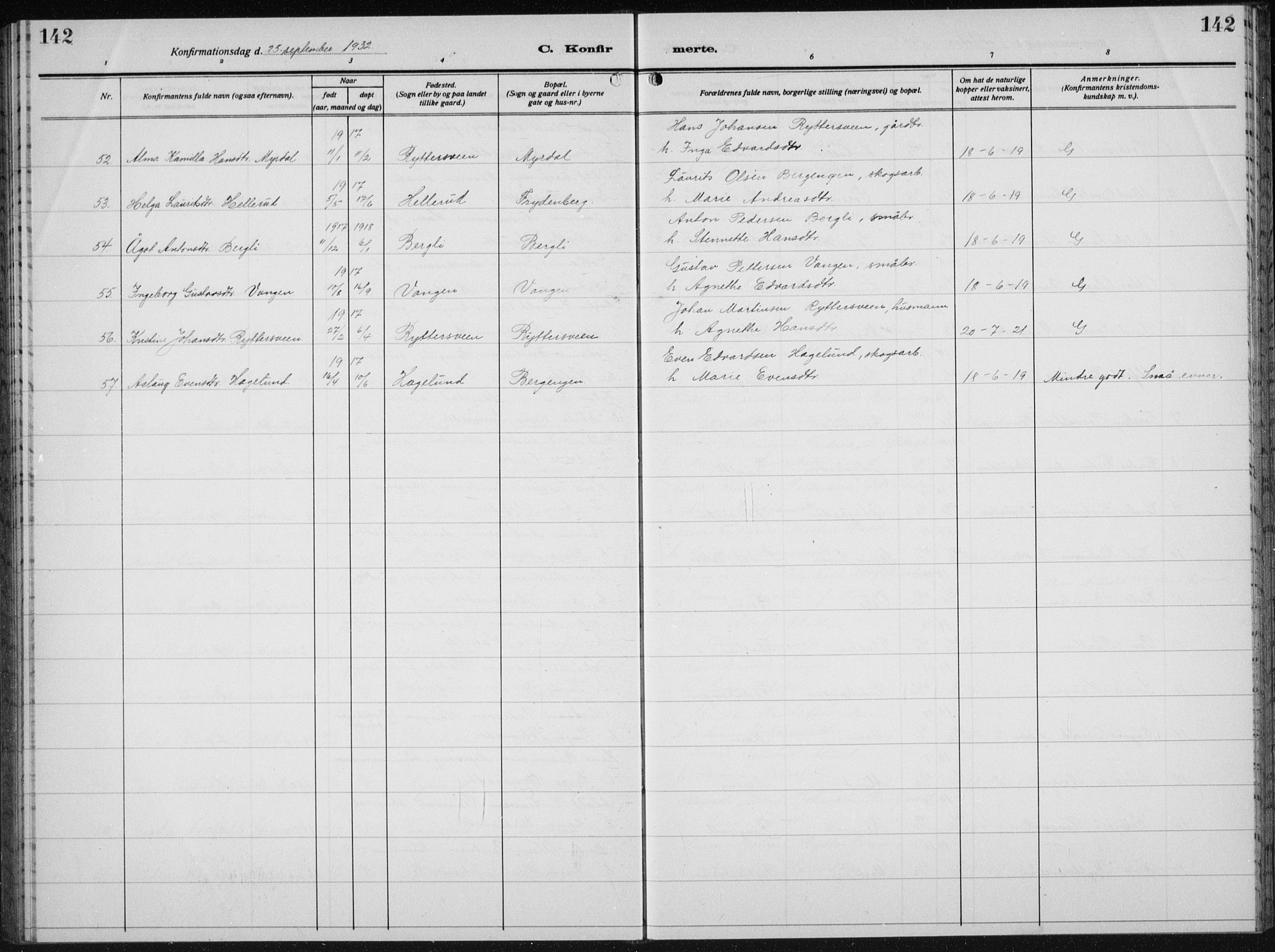 Biri prestekontor, AV/SAH-PREST-096/H/Ha/Hab/L0007: Parish register (copy) no. 7, 1919-1941, p. 142