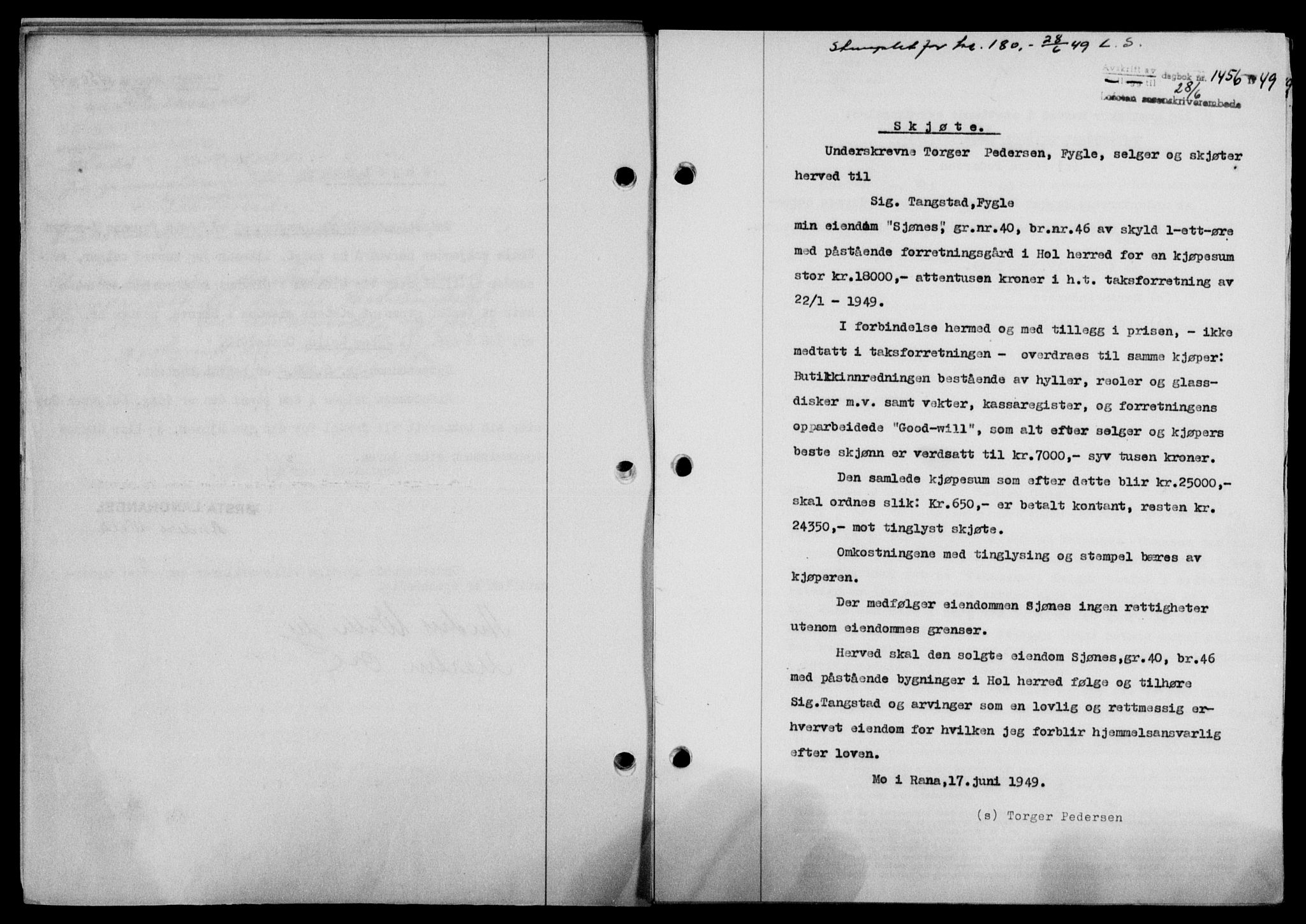 Lofoten sorenskriveri, SAT/A-0017/1/2/2C/L0021a: Mortgage book no. 21a, 1949-1949, Diary no: : 1456/1949