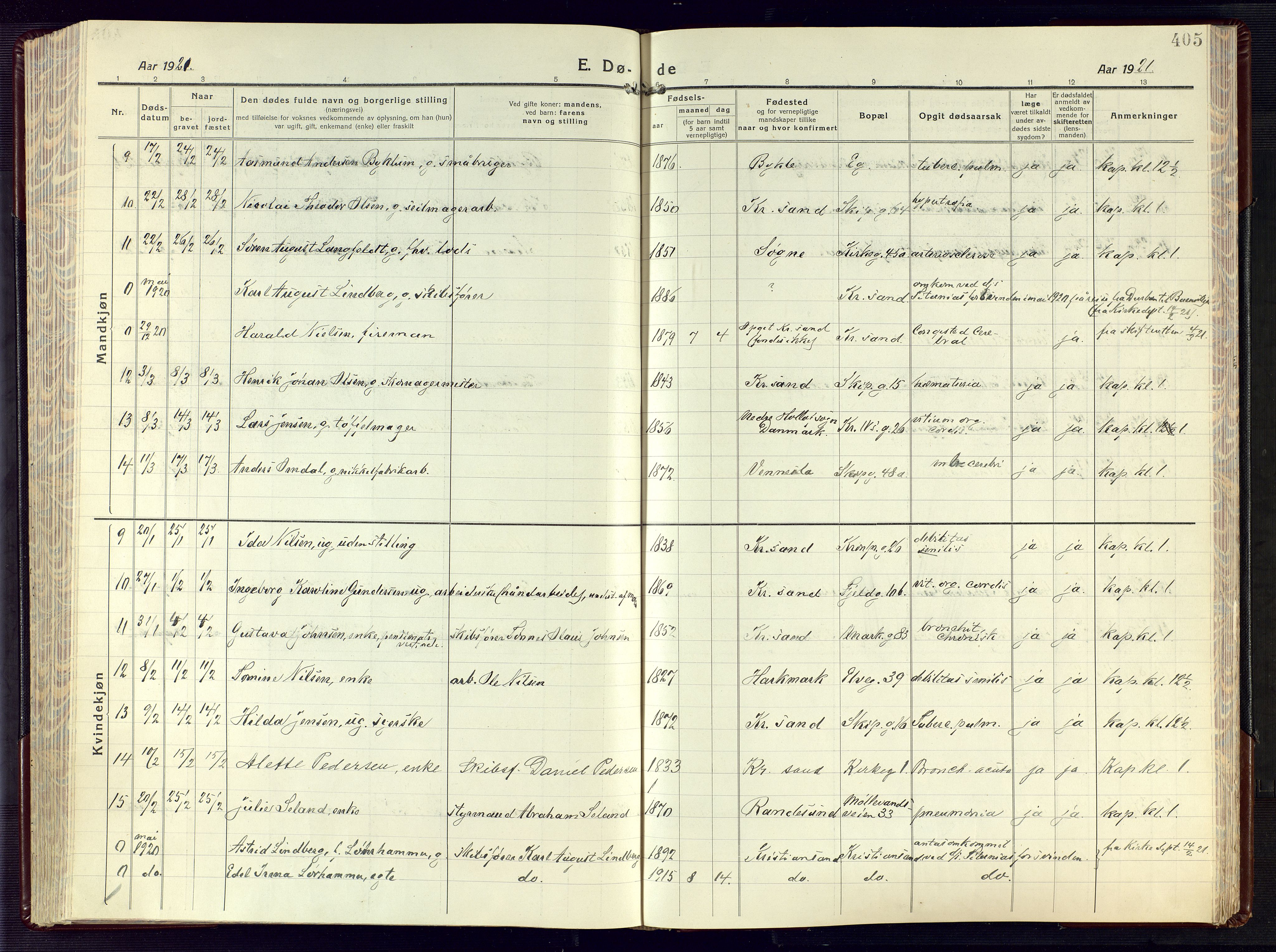 Kristiansand domprosti, AV/SAK-1112-0006/F/Fa/L0028: Parish register (official) no. A 27, 1917-1926, p. 405