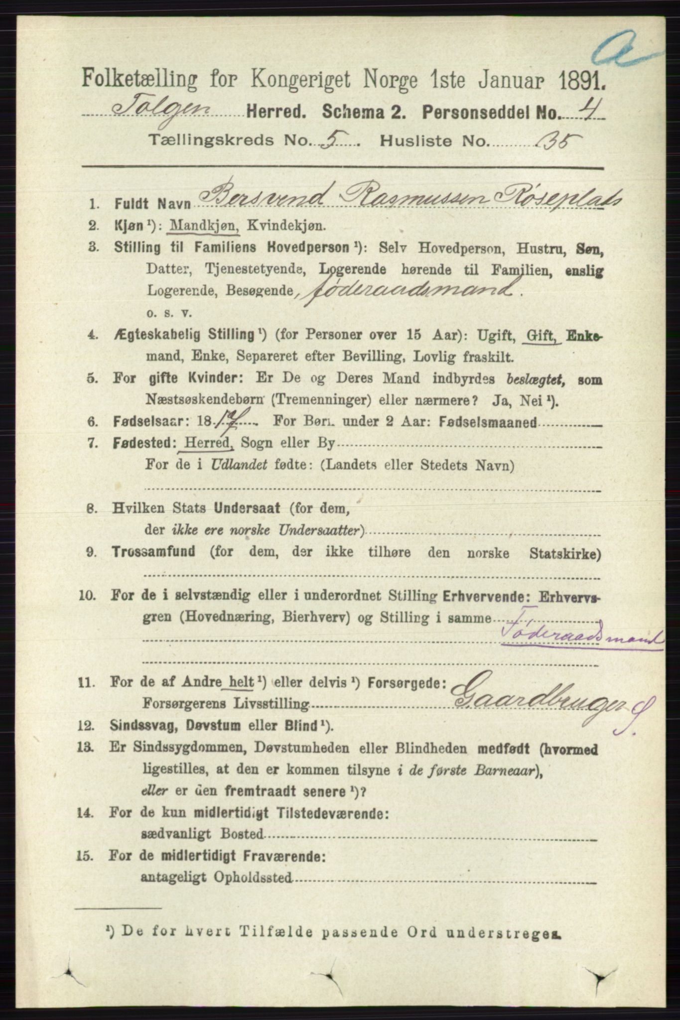 RA, 1891 census for 0436 Tolga, 1891, p. 1520
