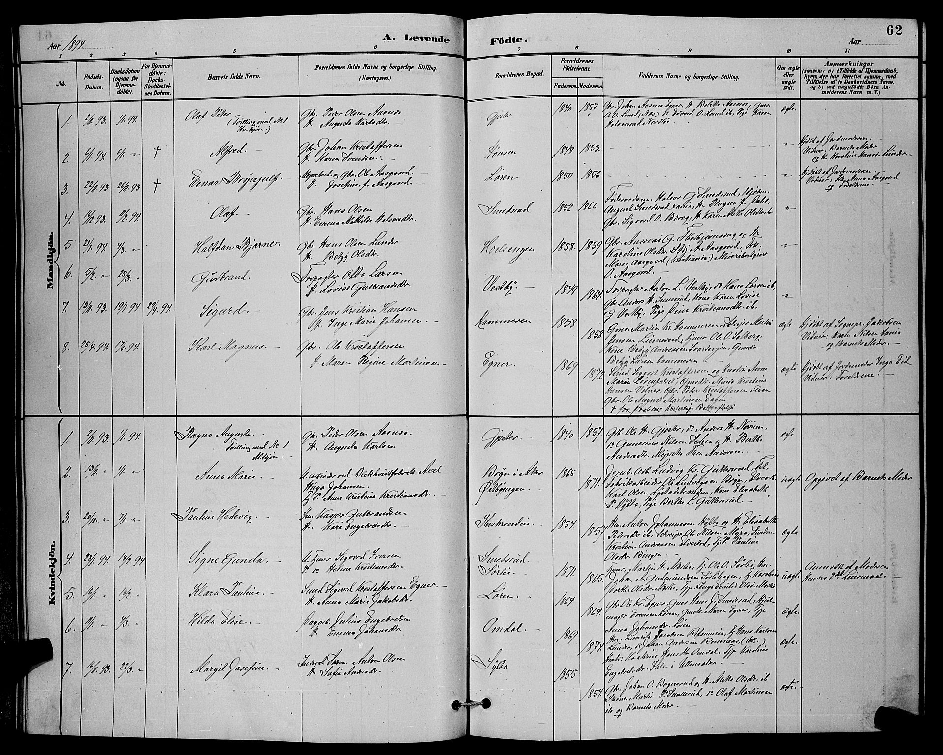 Sørum prestekontor Kirkebøker, SAO/A-10303/G/Ga/L0005: Parish register (copy) no. I 5.1, 1886-1894, p. 62