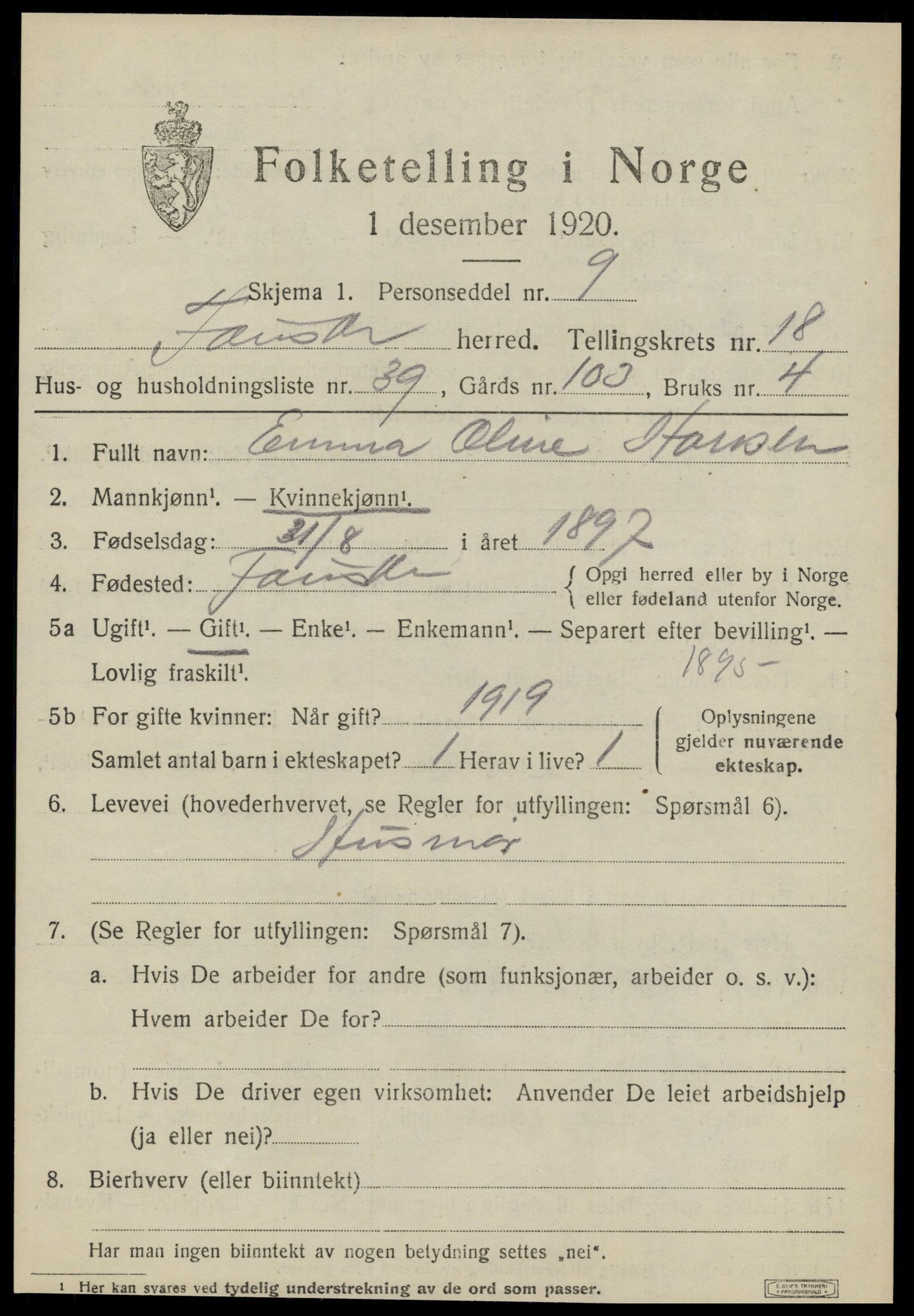 SAT, 1920 census for Fauske, 1920, p. 11390