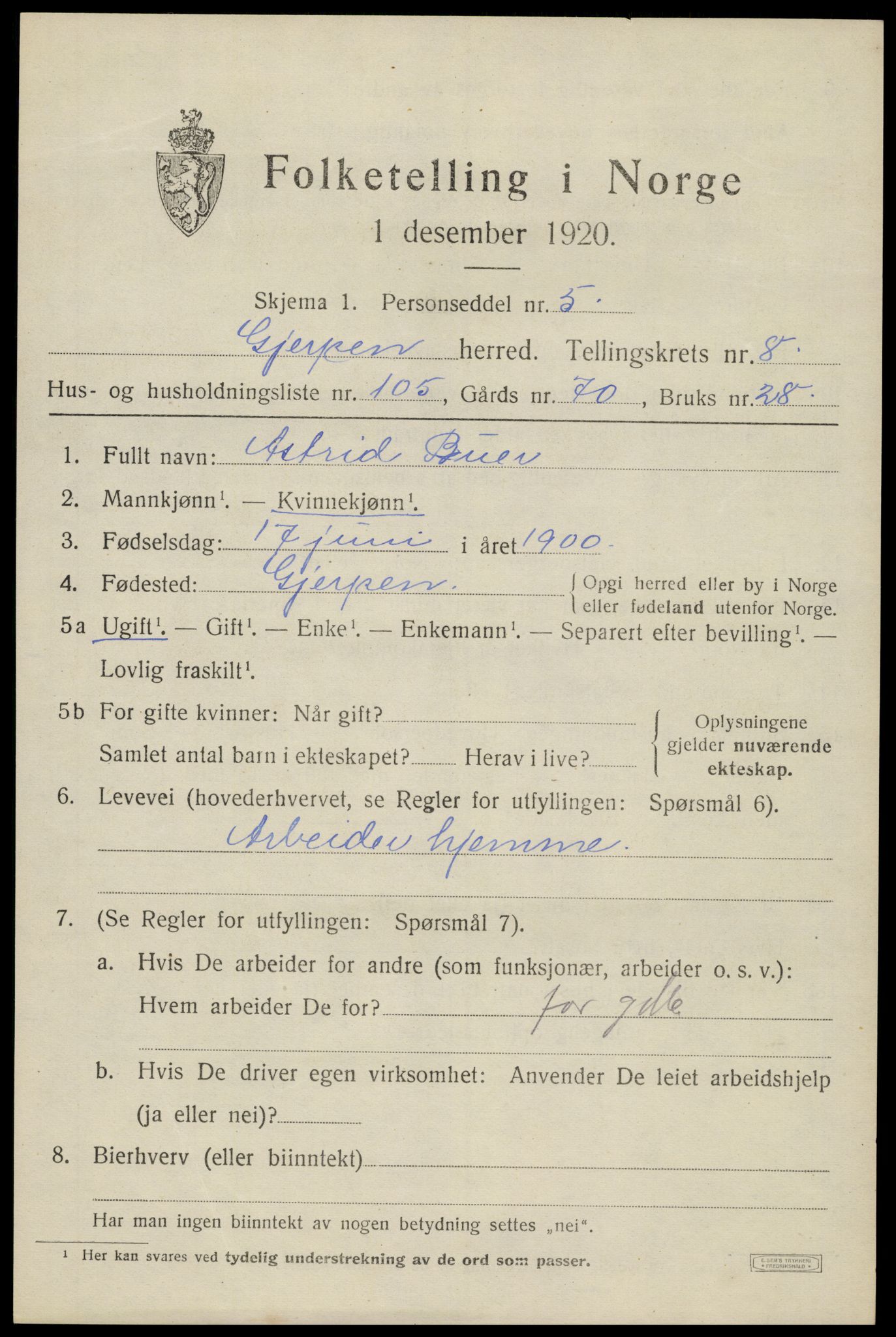 SAKO, 1920 census for Gjerpen, 1920, p. 10744