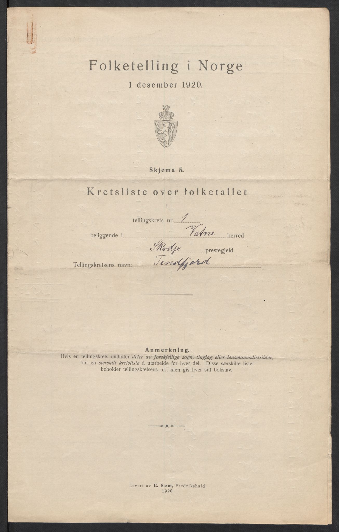 SAT, 1920 census for Vatne, 1920, p. 6