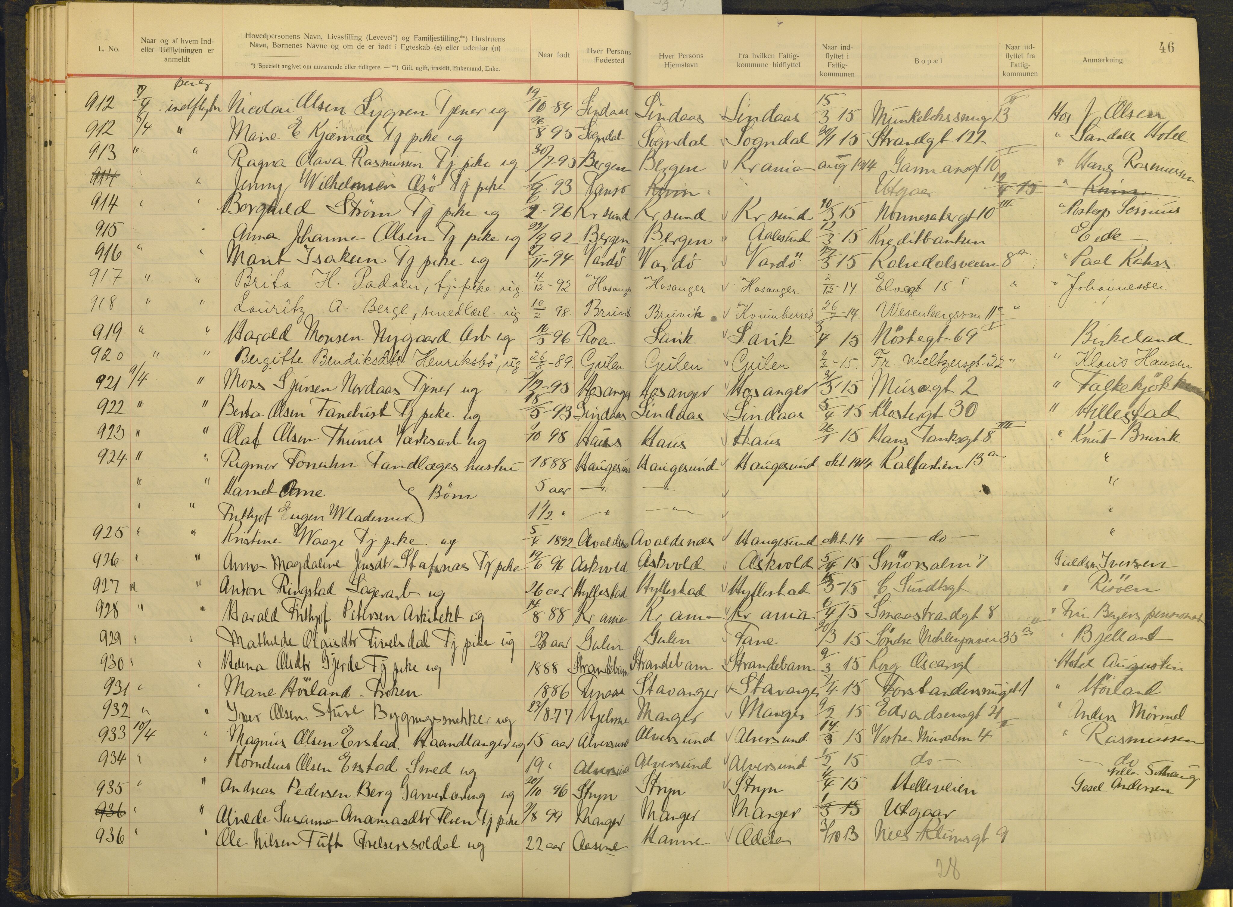 Bergen politikammer / politidistrikt, AV/SAB-A-60401/J.g/L0009: Protokoll over innflyttede, 1914-1917, p. 46