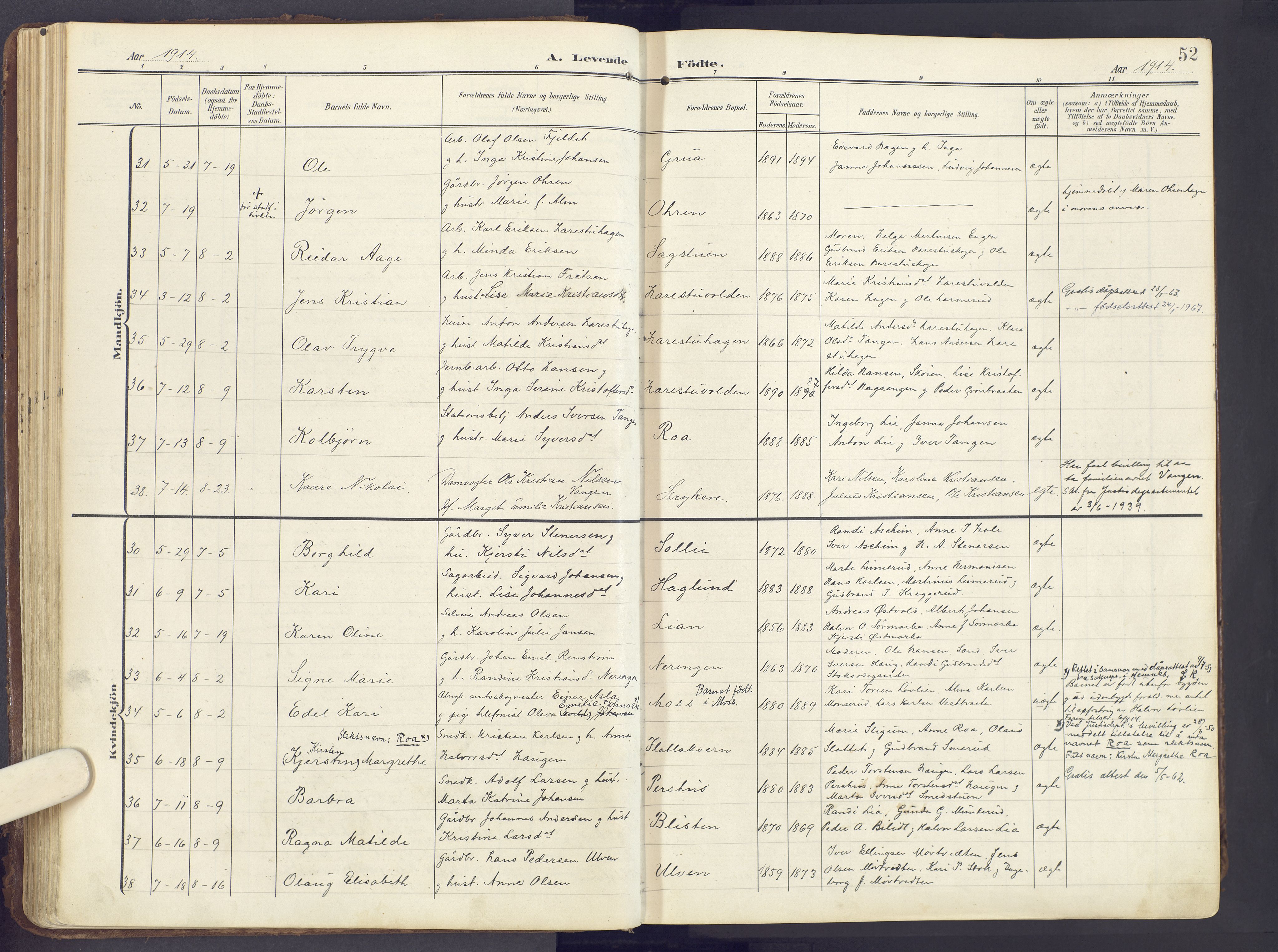 Lunner prestekontor, AV/SAH-PREST-118/H/Ha/Haa/L0001: Parish register (official) no. 1, 1907-1922, p. 52